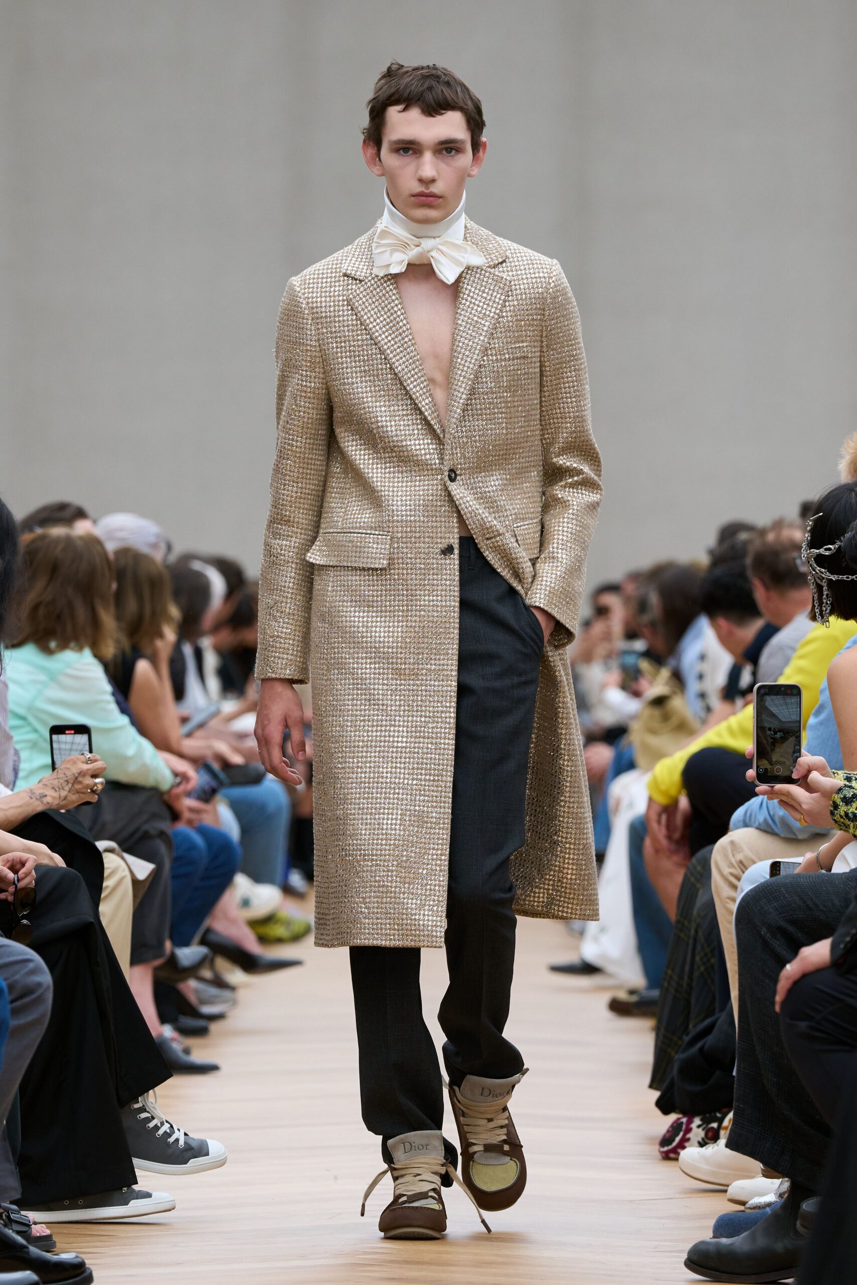 gold silk long-sleeve collared fitted buttoned shiny coat