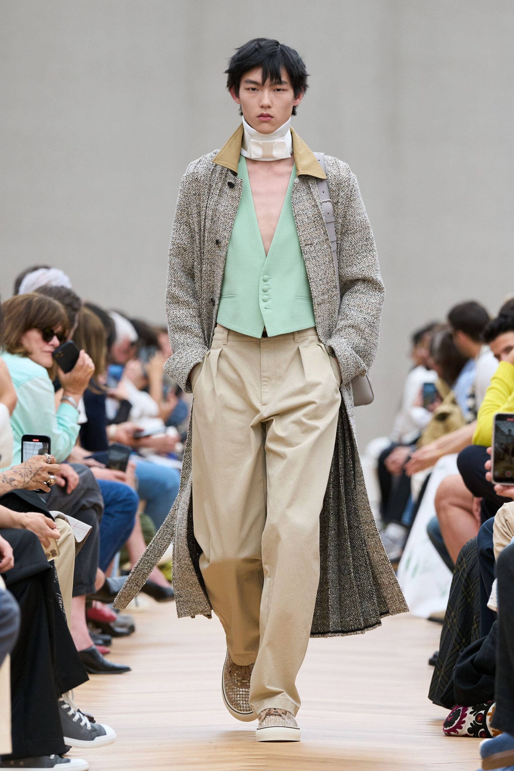 gray wool long-sleeve relaxed buttoned maxi coat