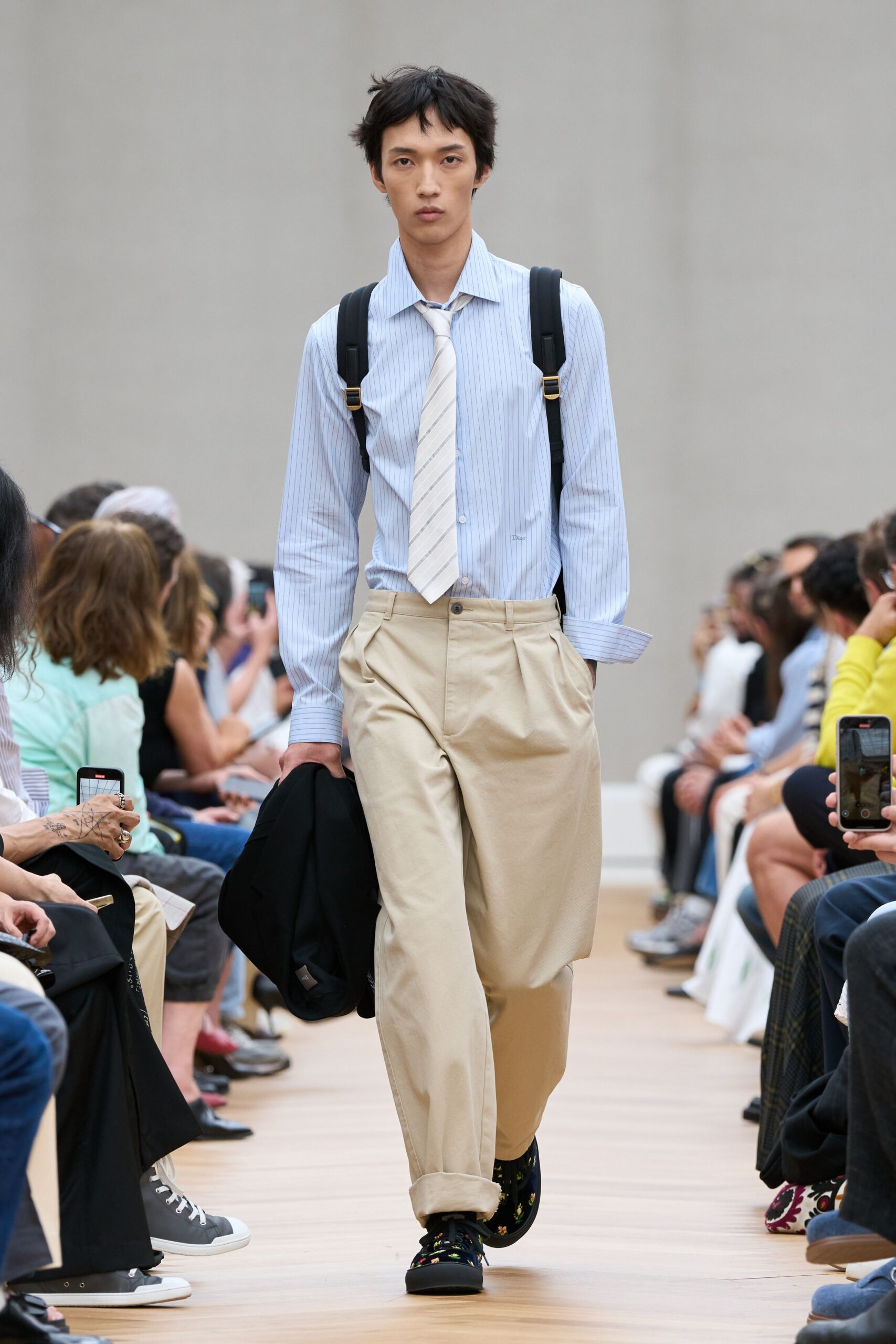 blue striped shirt beige pants