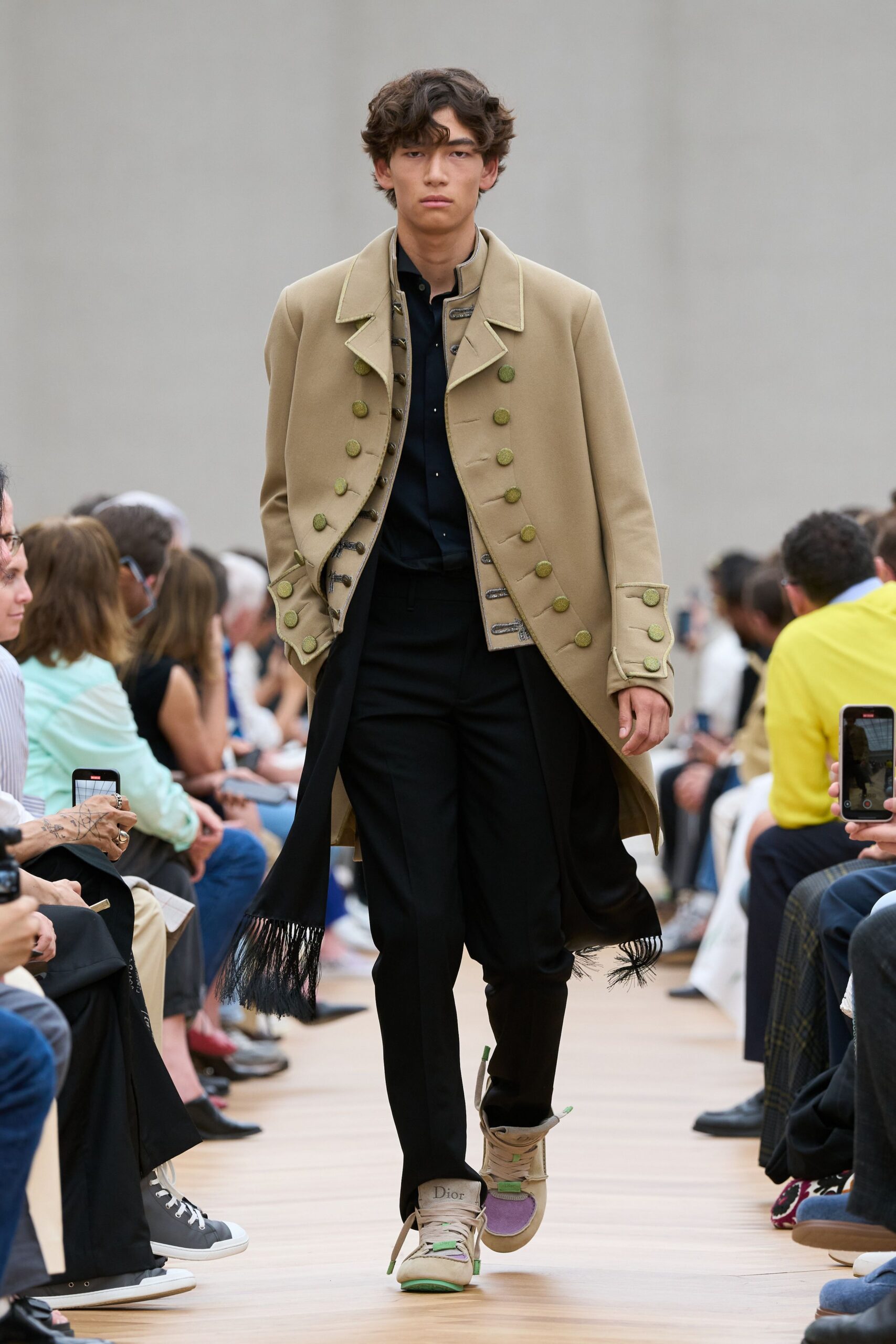 beige wool long-sleeve collared relaxed buttoned fringed coat