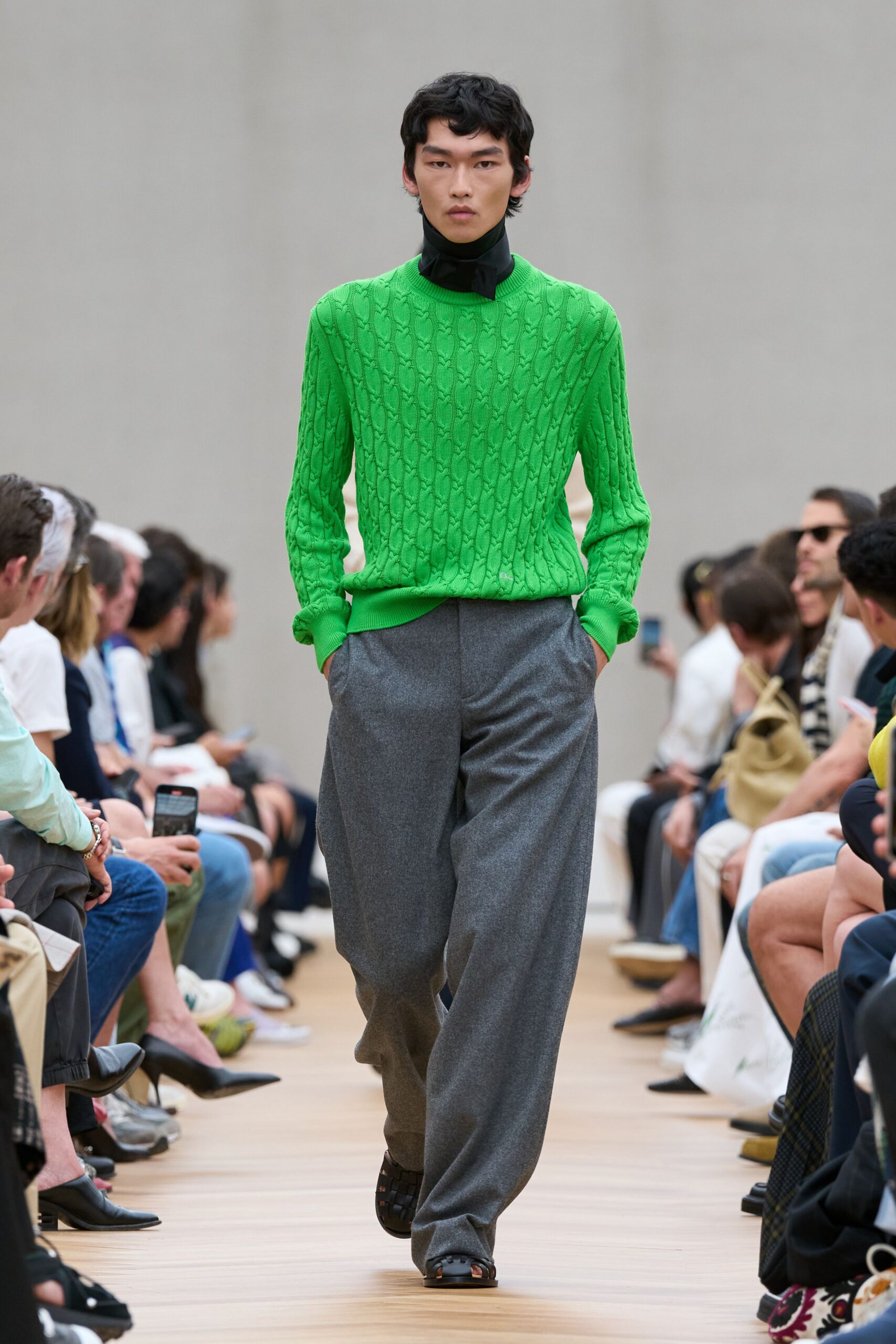 green cotton long-sleeve high-neck relaxed textured sweater