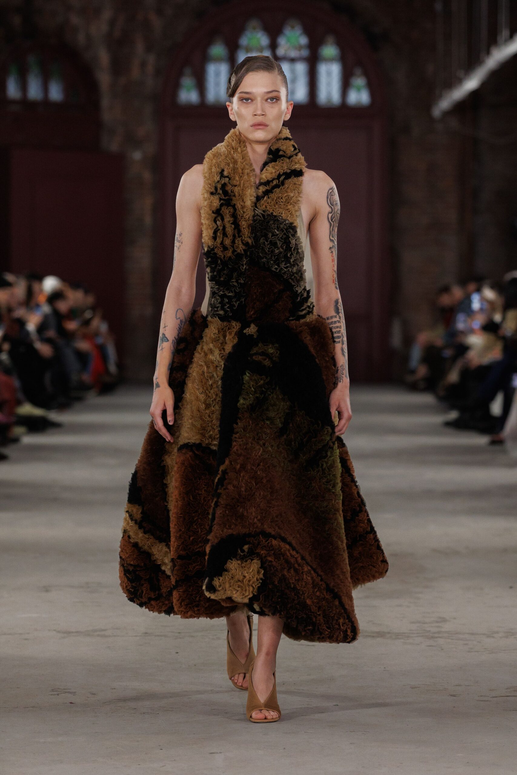 brown fur sleeveless high-neck fitted layered midi dress