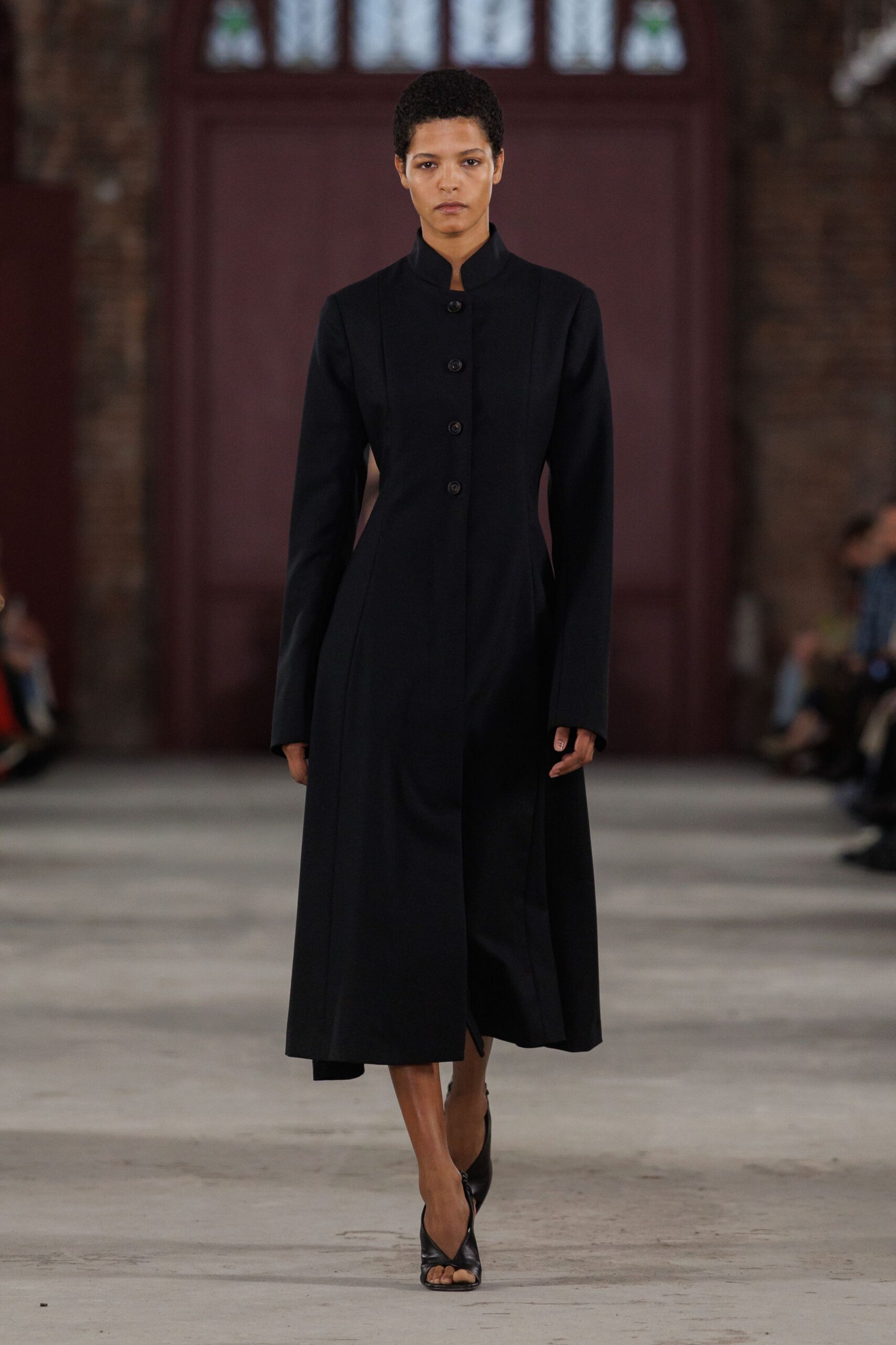 black wool long-sleeve collared fitted buttoned straight-leg dress