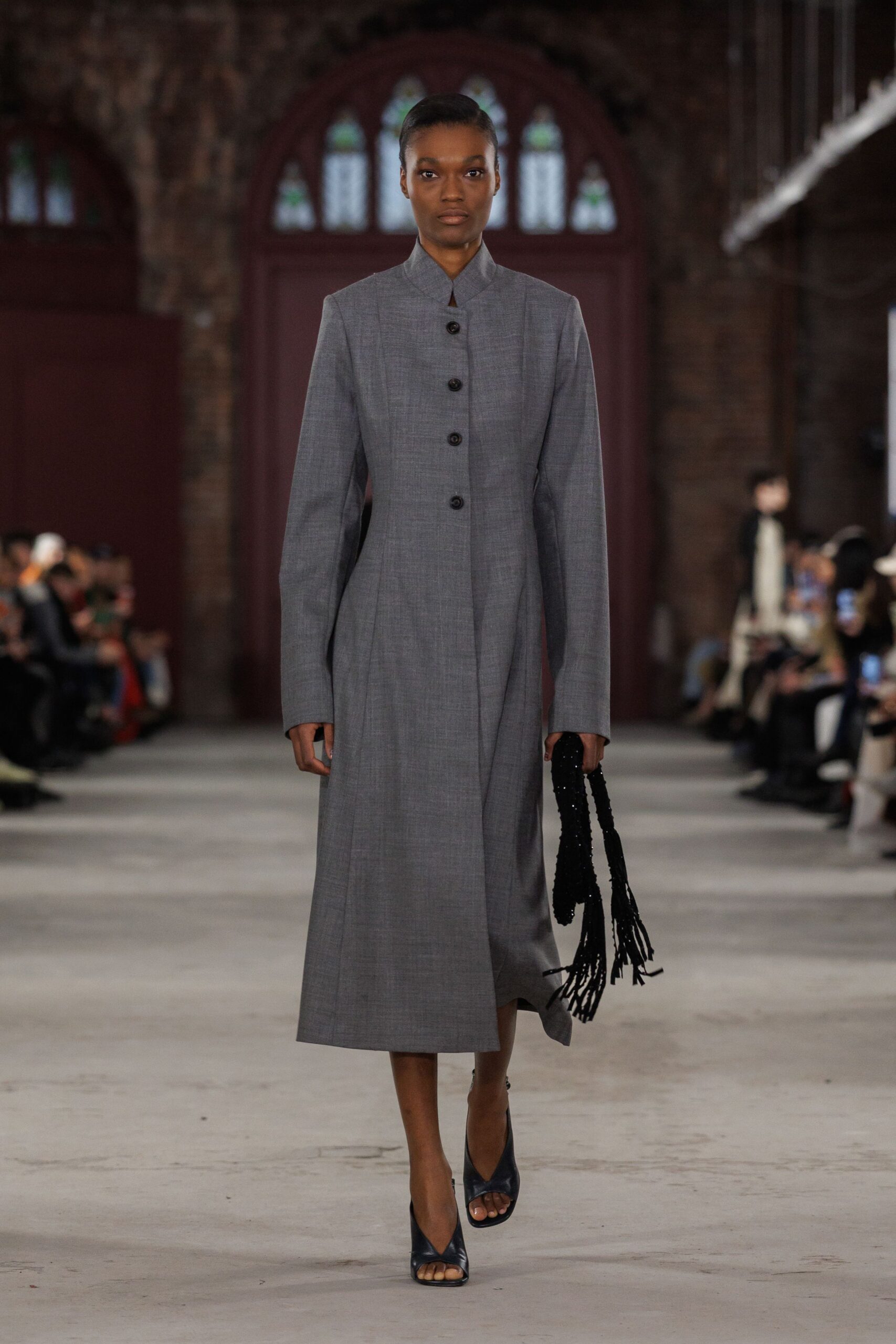 gray cotton long-sleeve collared relaxed buttoned straight-leg dress