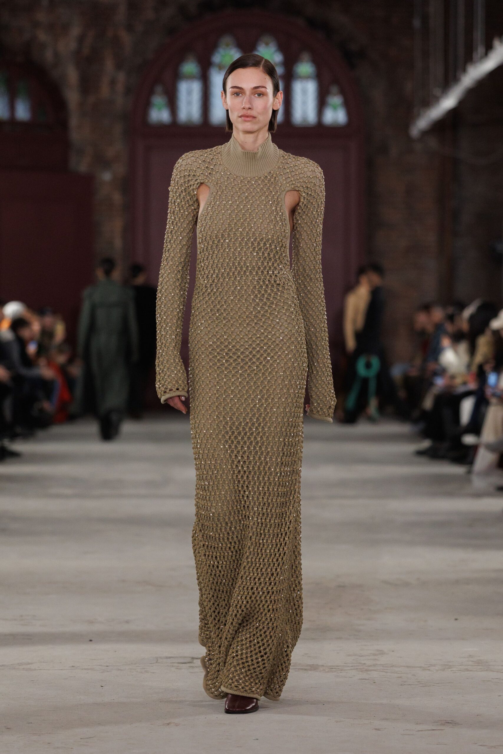 beige knit long-sleeve high-neck fitted textured maxi gown