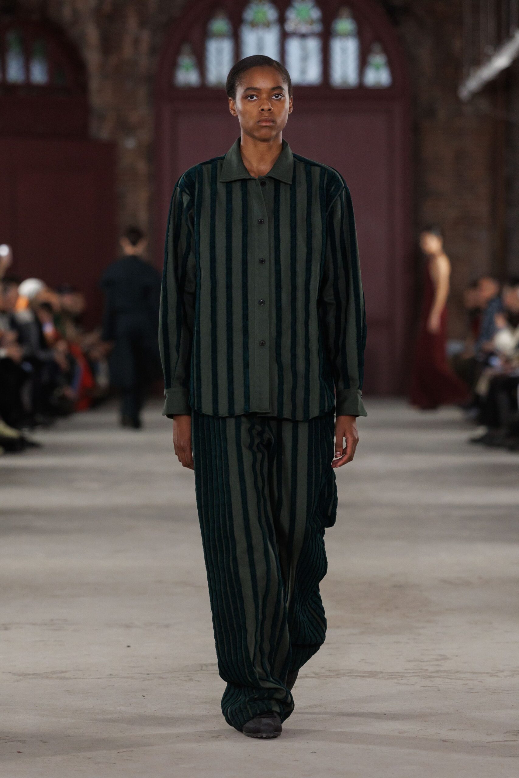 green and black striped velvet outfit