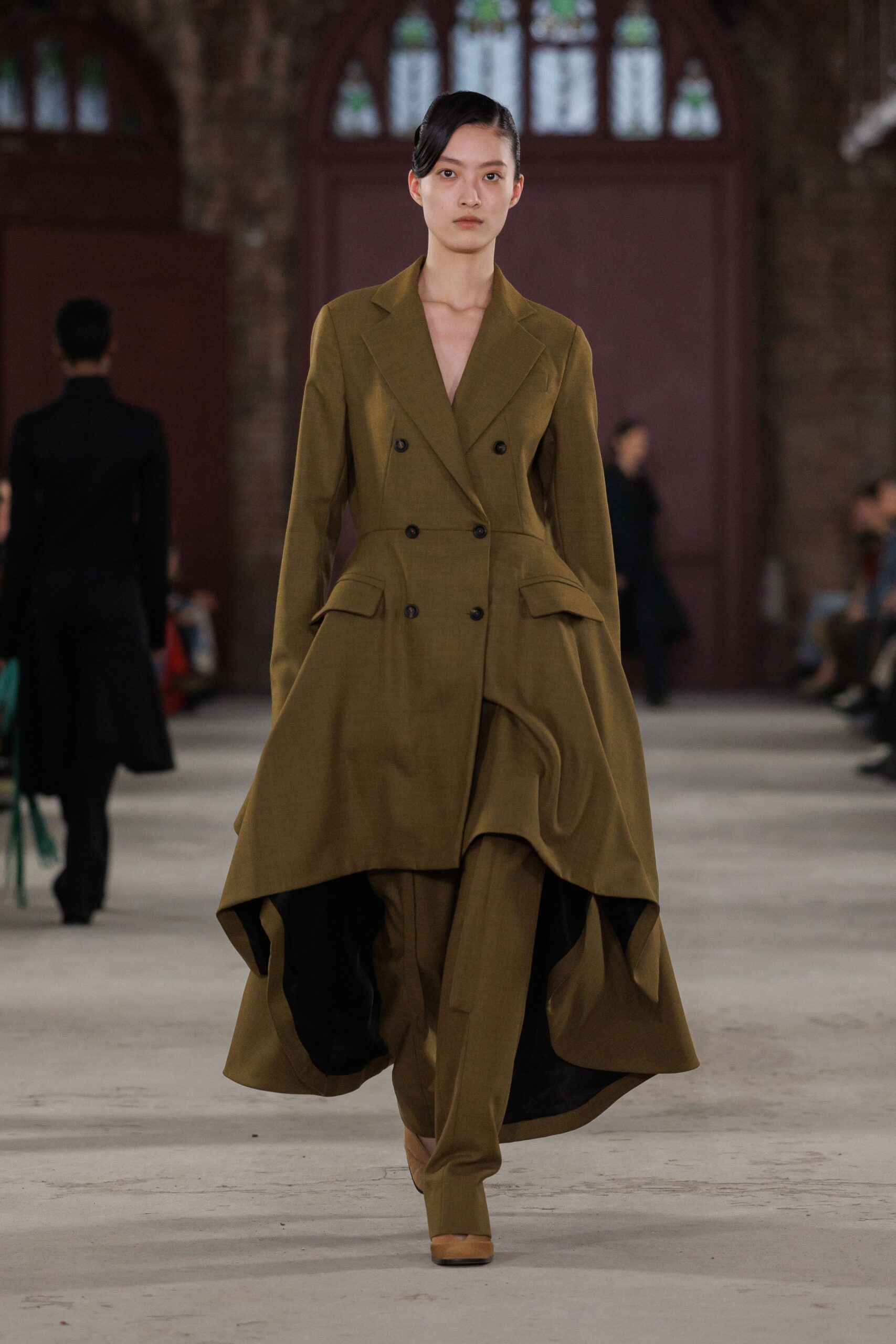 brown cotton long-sleeve v-neck tailored layered suit