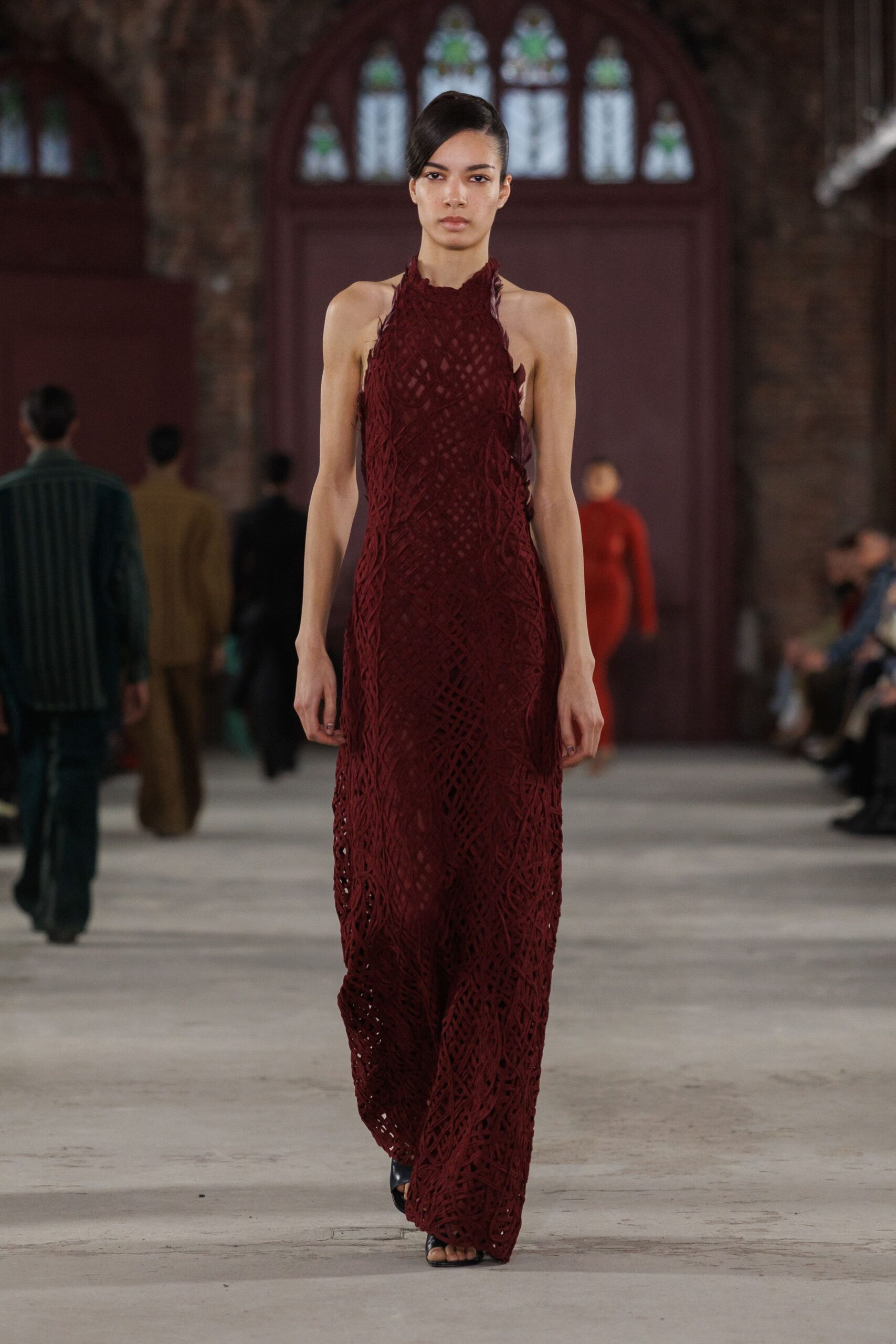 red lace sleeveless high-neck fitted embroidered maxi gown