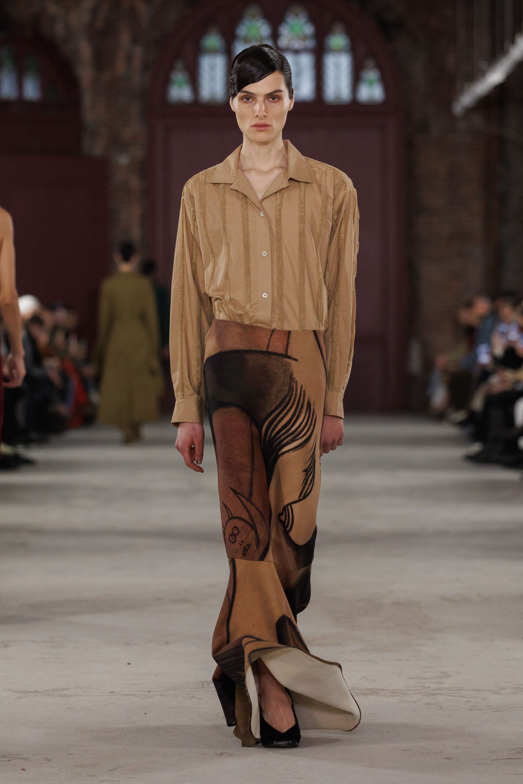 brown cotton asymmetric fitted high-waisted printed skirt