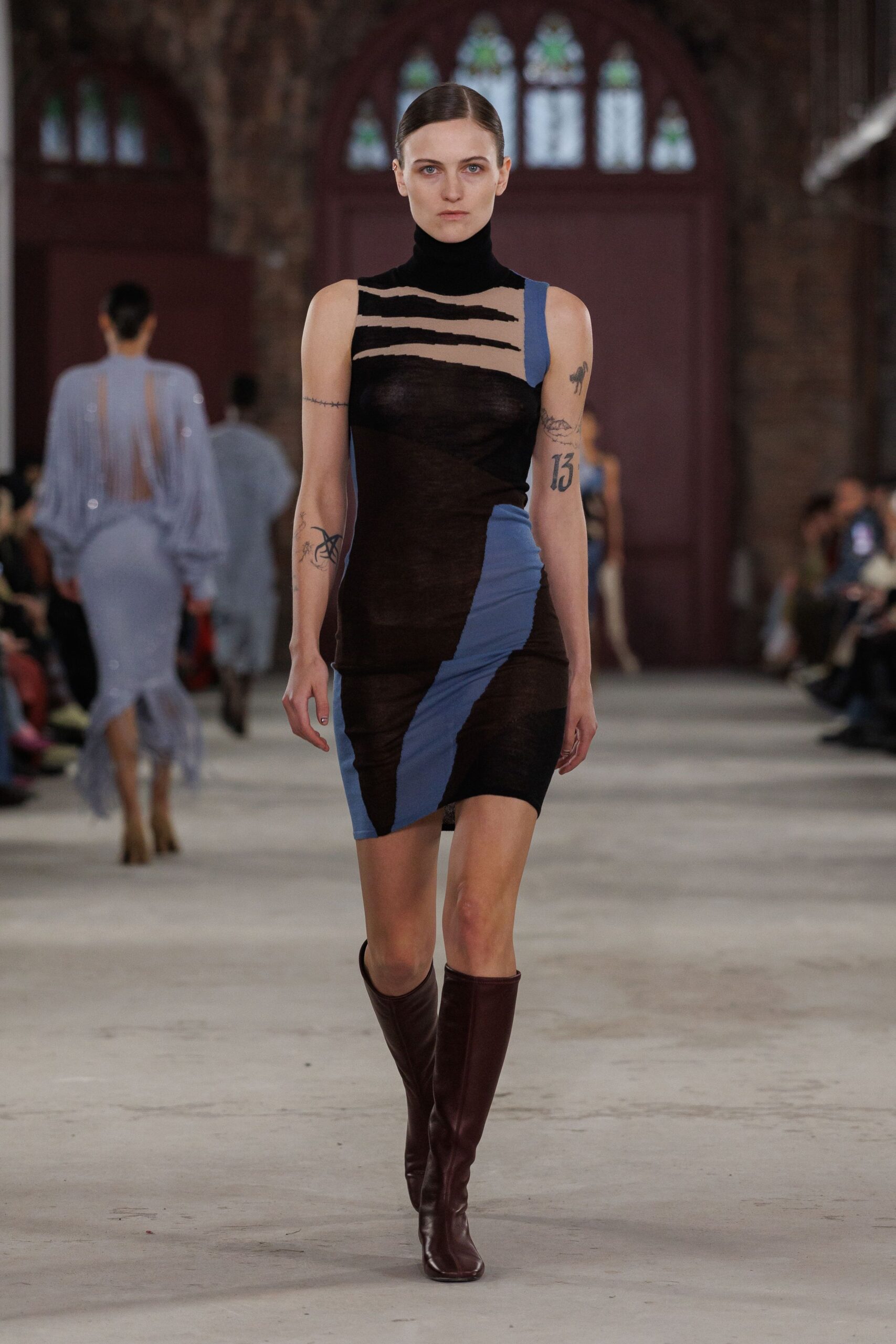 fitted color-blocked mini dress with boots