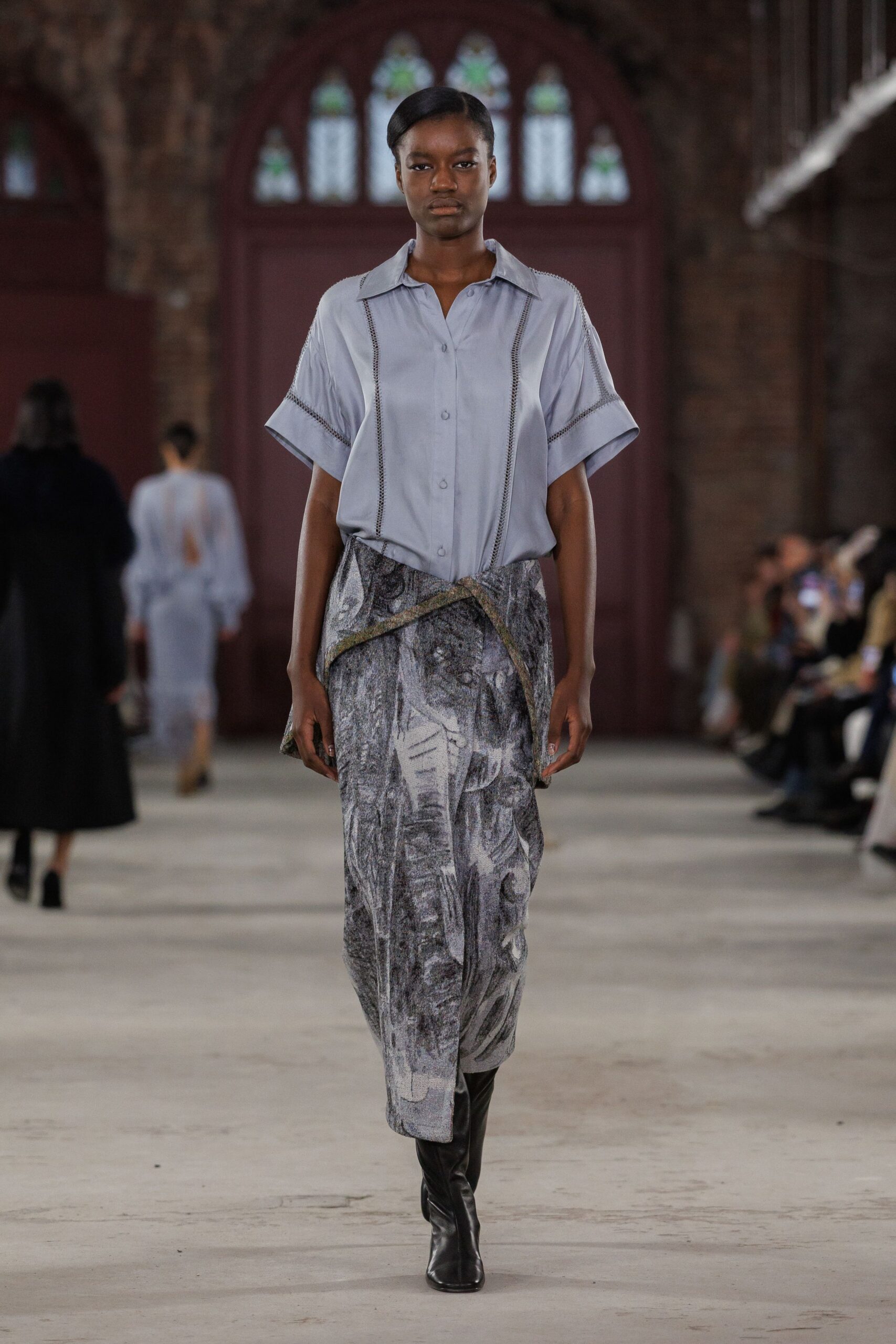 gray silk asymmetric fitted layered midi skirt