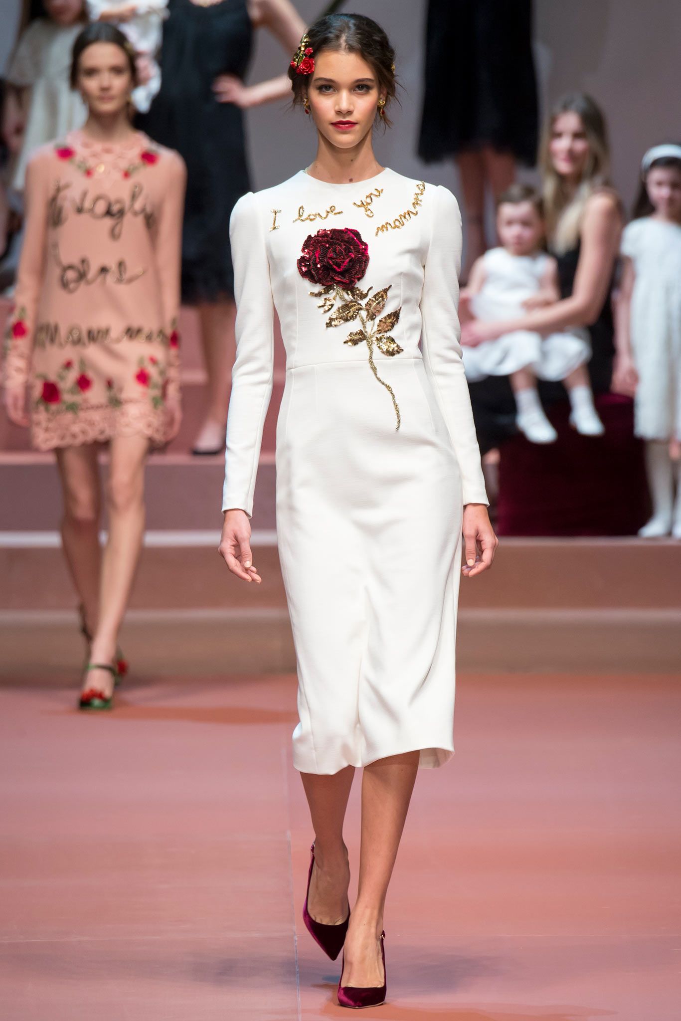 white silk long-sleeve high-neck fitted embroidered midi dress