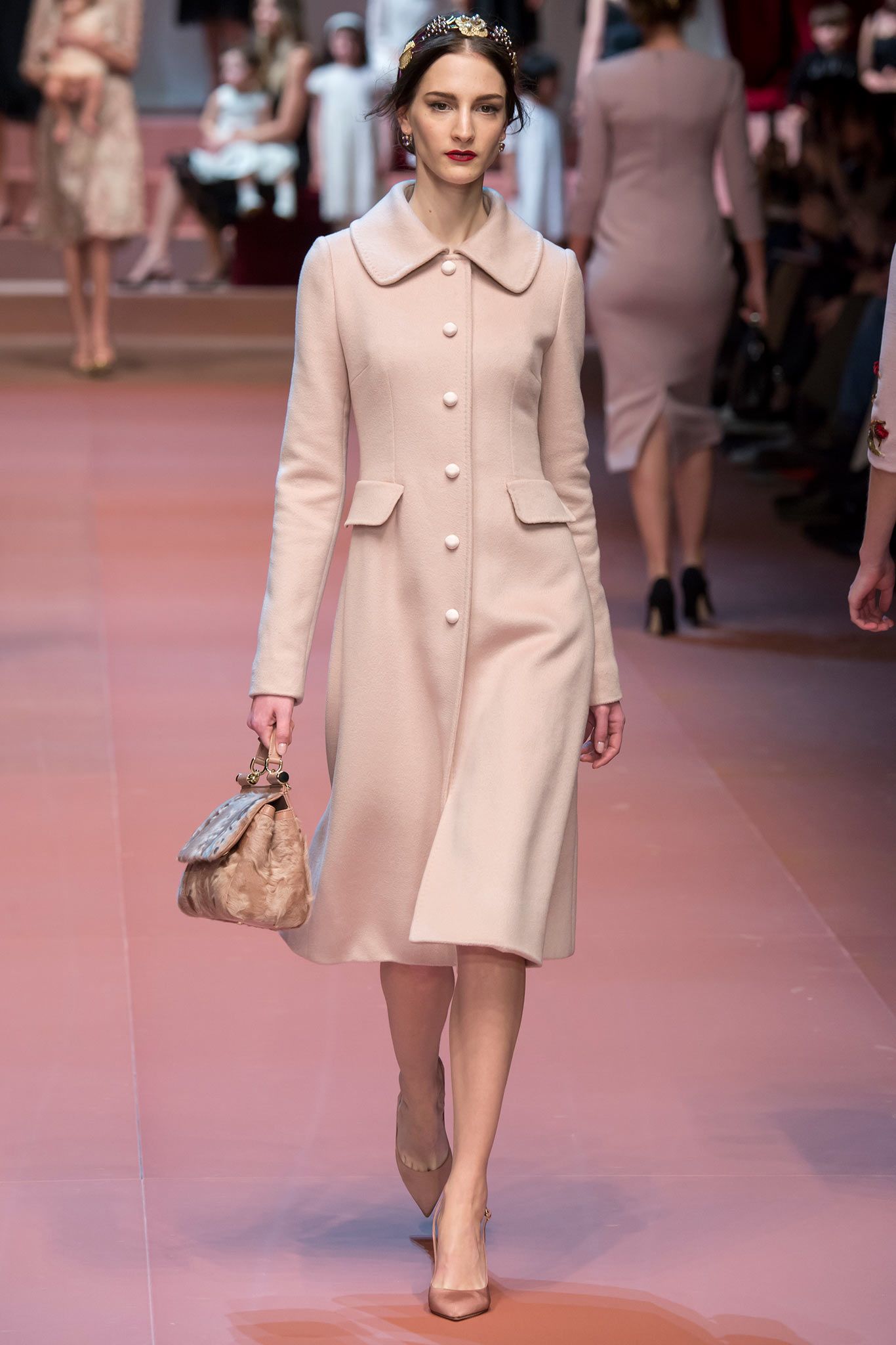 pink wool long-sleeve collared fitted buttoned a-line coat