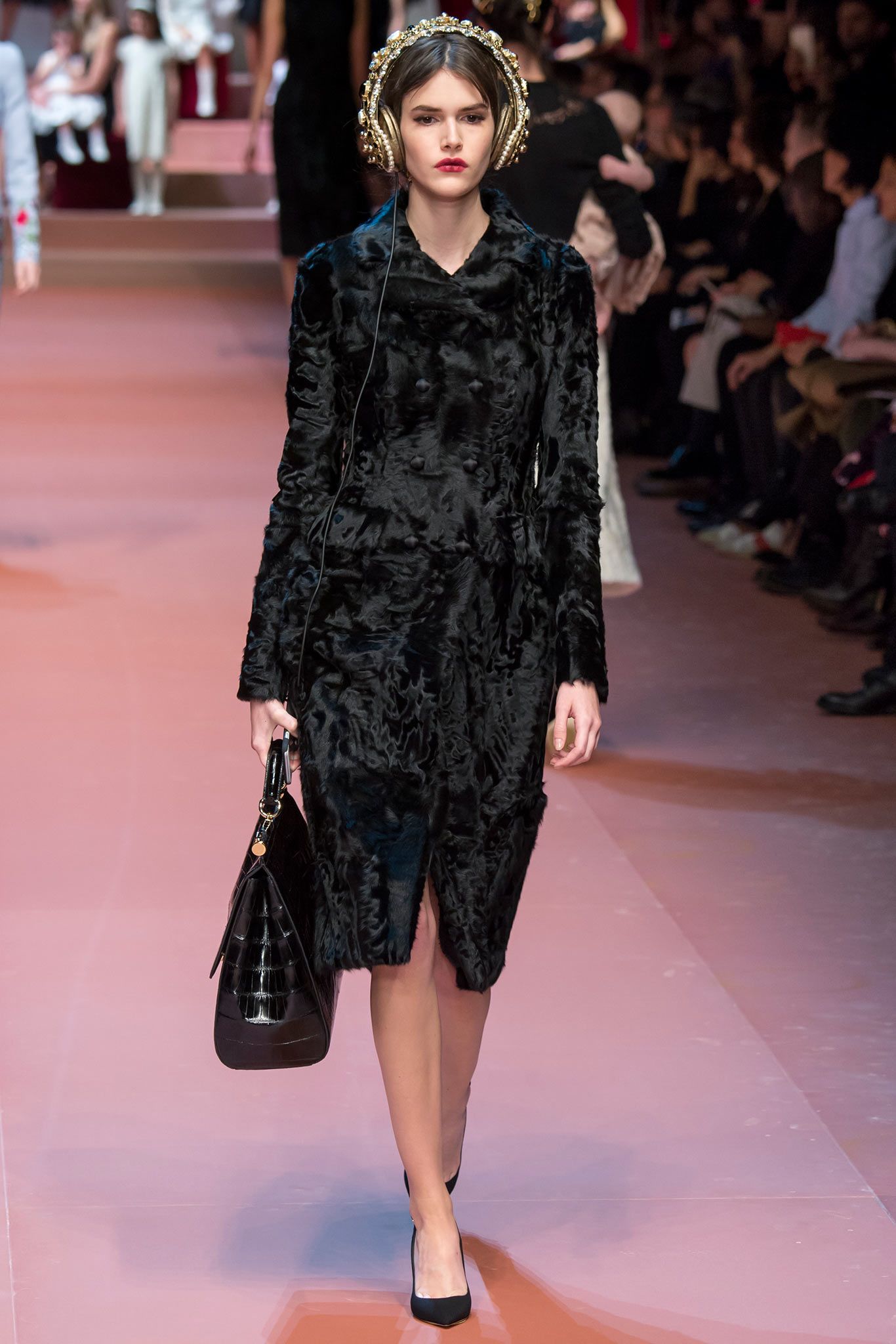 black fur long-sleeve v-neck fitted draped midi dress