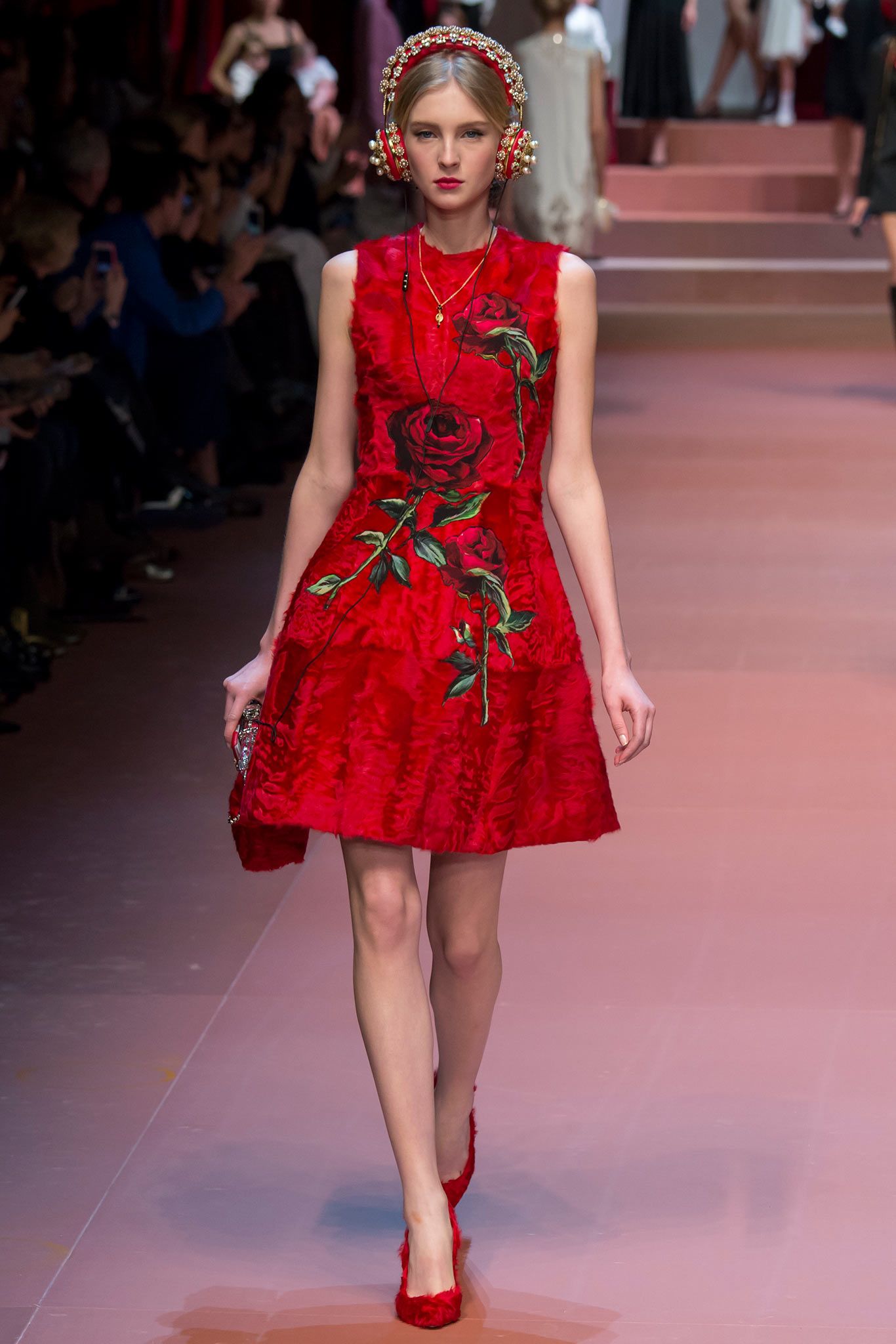 red silk sleeveless high-neck fitted embroidered a-line dress