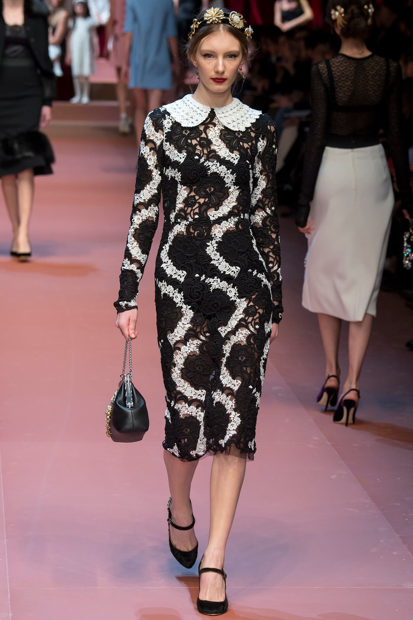 black lace long-sleeve collared fitted embroidered pencil dress