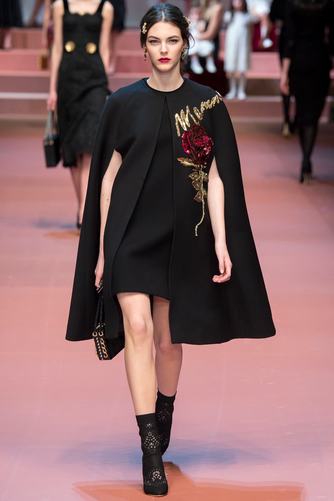 black wool sleeveless high-neck fitted draped embroidered dress
