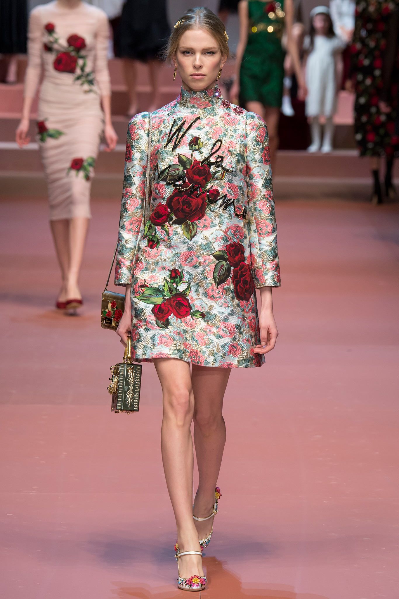 white silk long-sleeve collared fitted floral embroidered dress