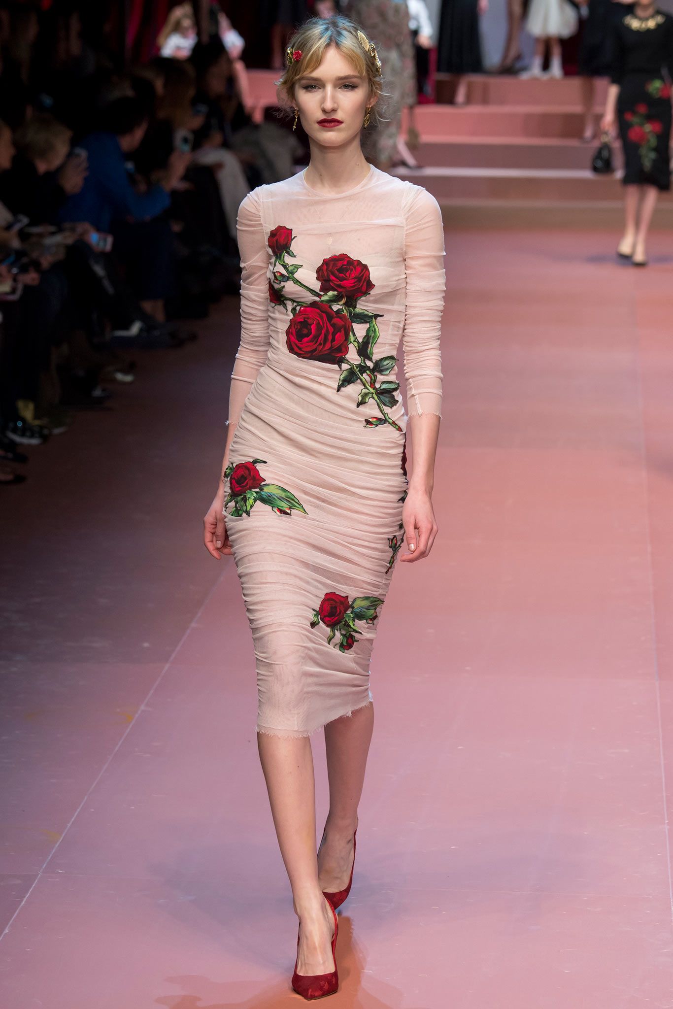 pink silk long-sleeve v-neck fitted ruched embroidered dress