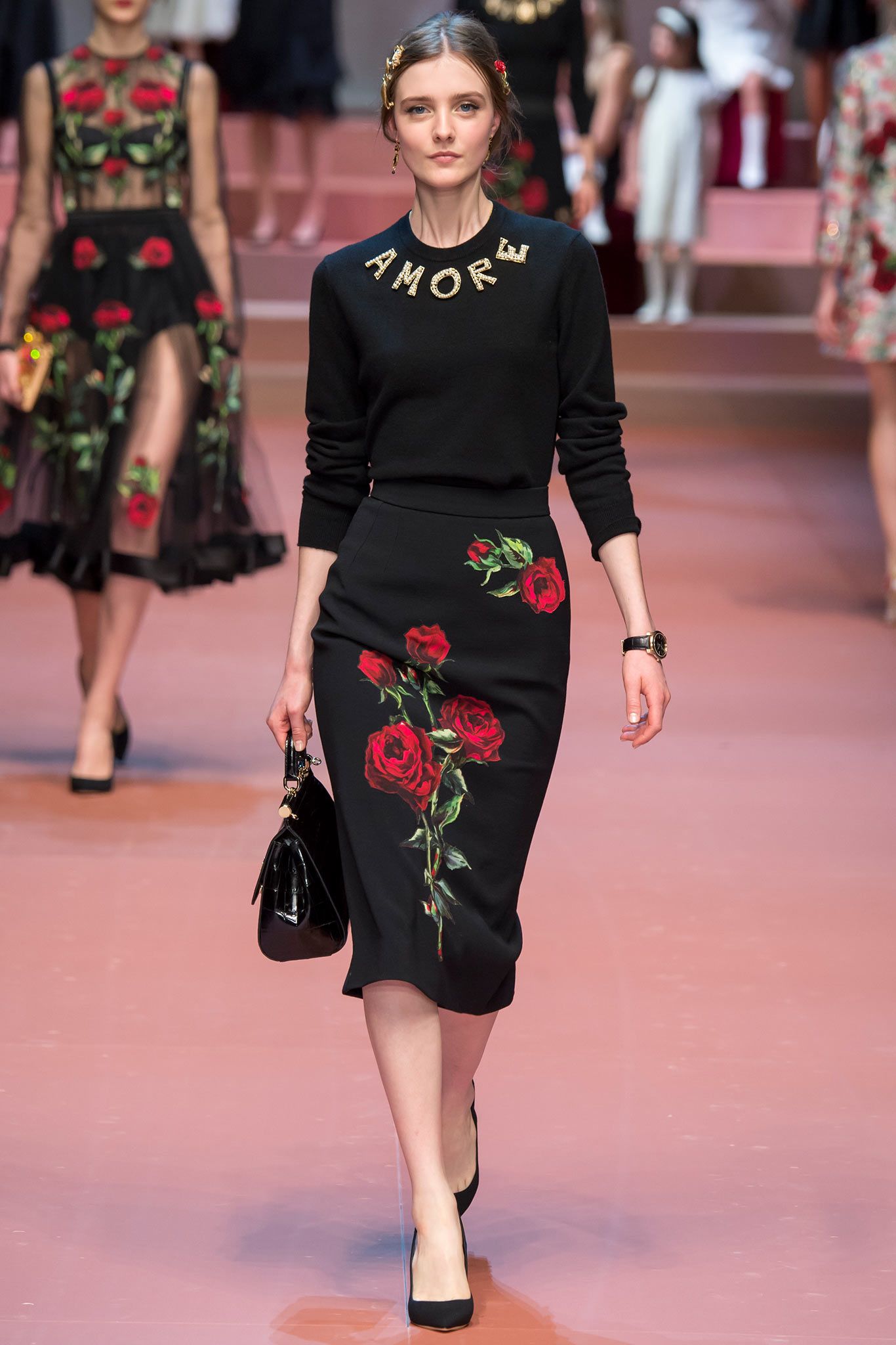 black cotton fitted pencil embroidered skirt