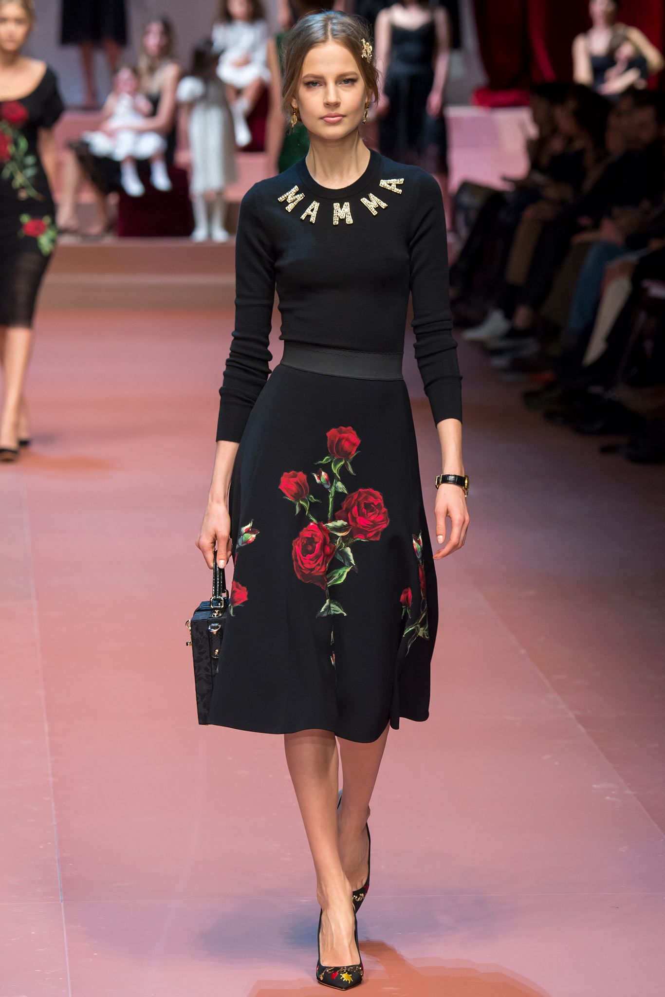 black cotton fitted flared embroidered midi skirt