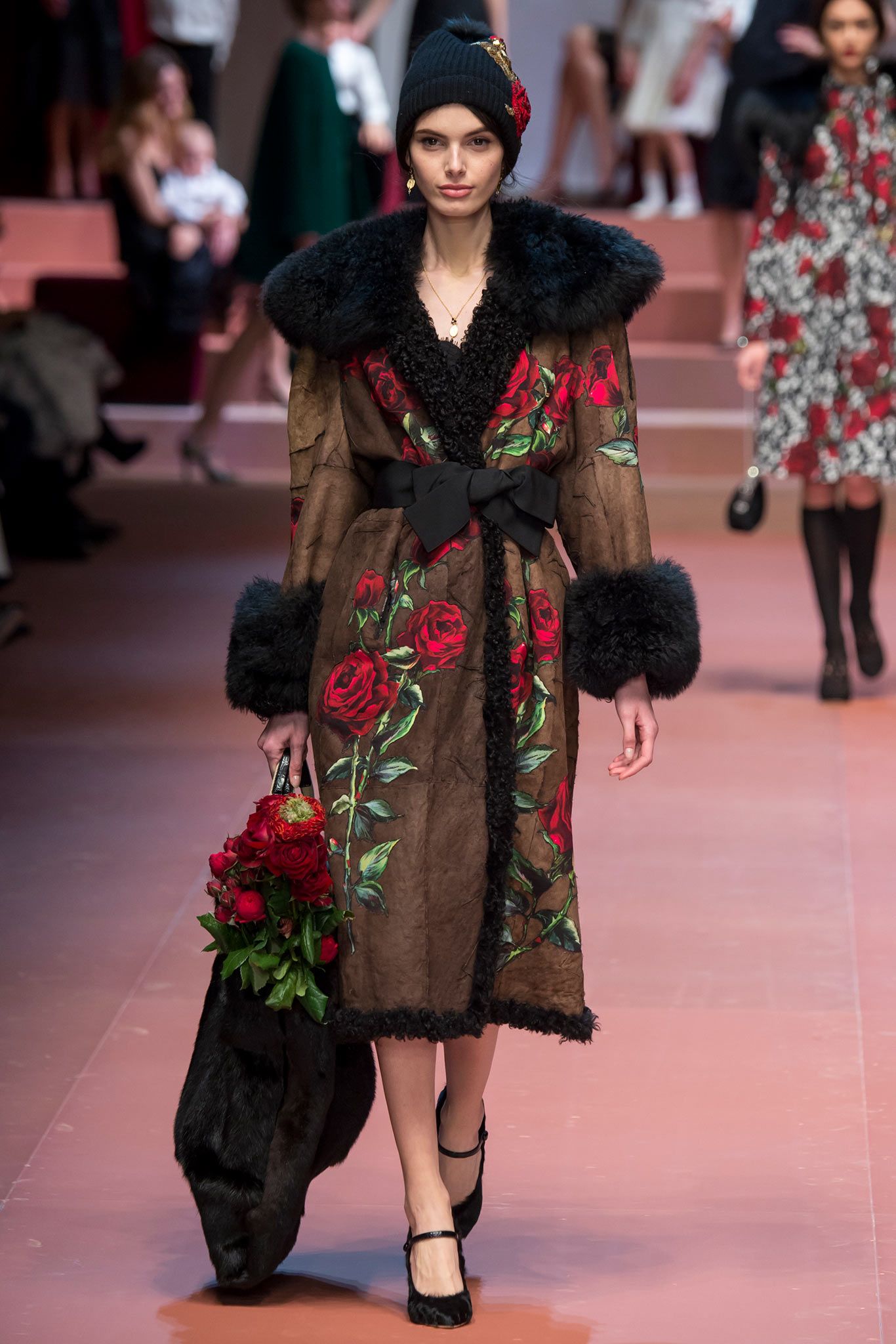 brown silk long-sleeve collared fitted embroidered belted coat