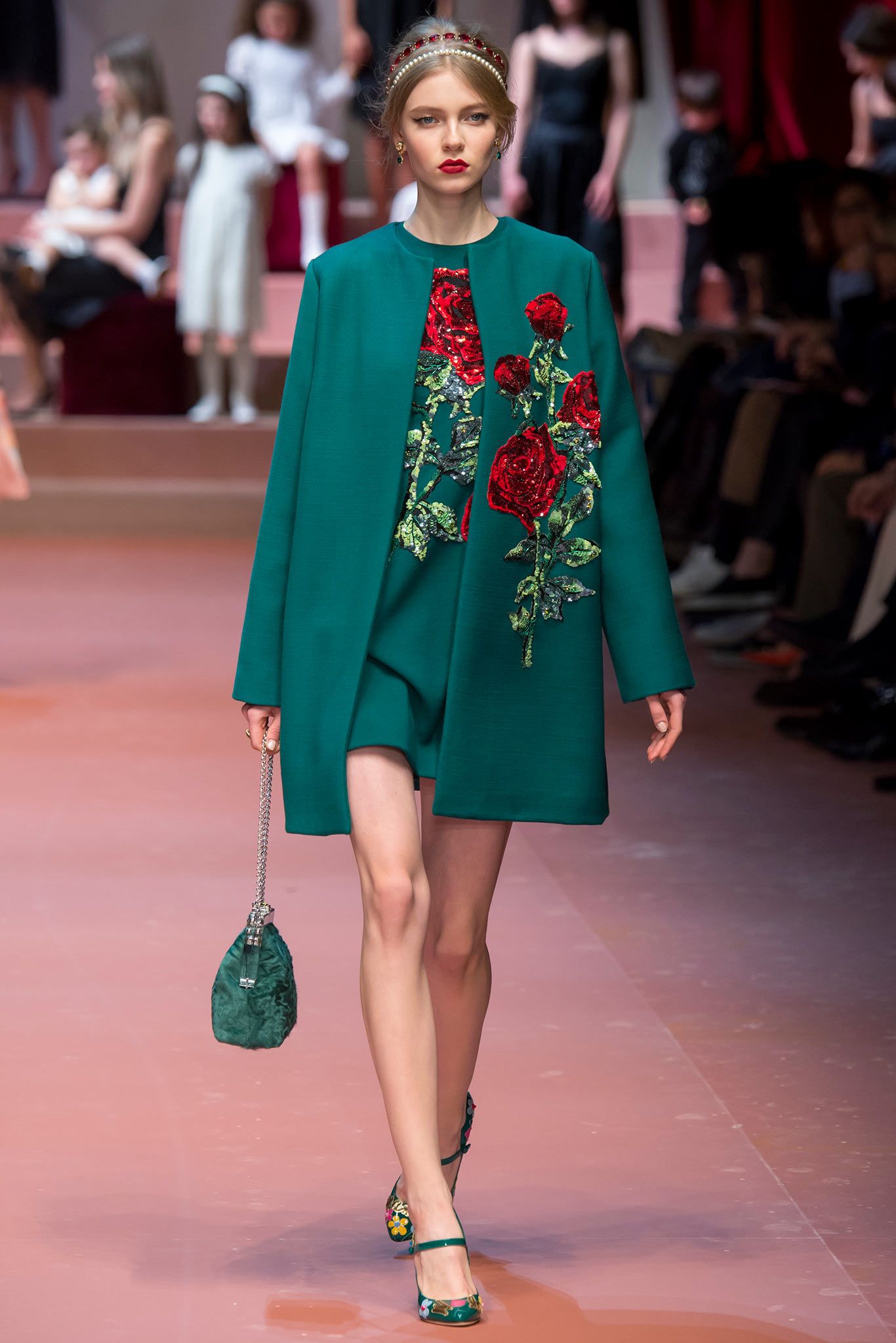 green cotton long-sleeve collared structured embroidered coat