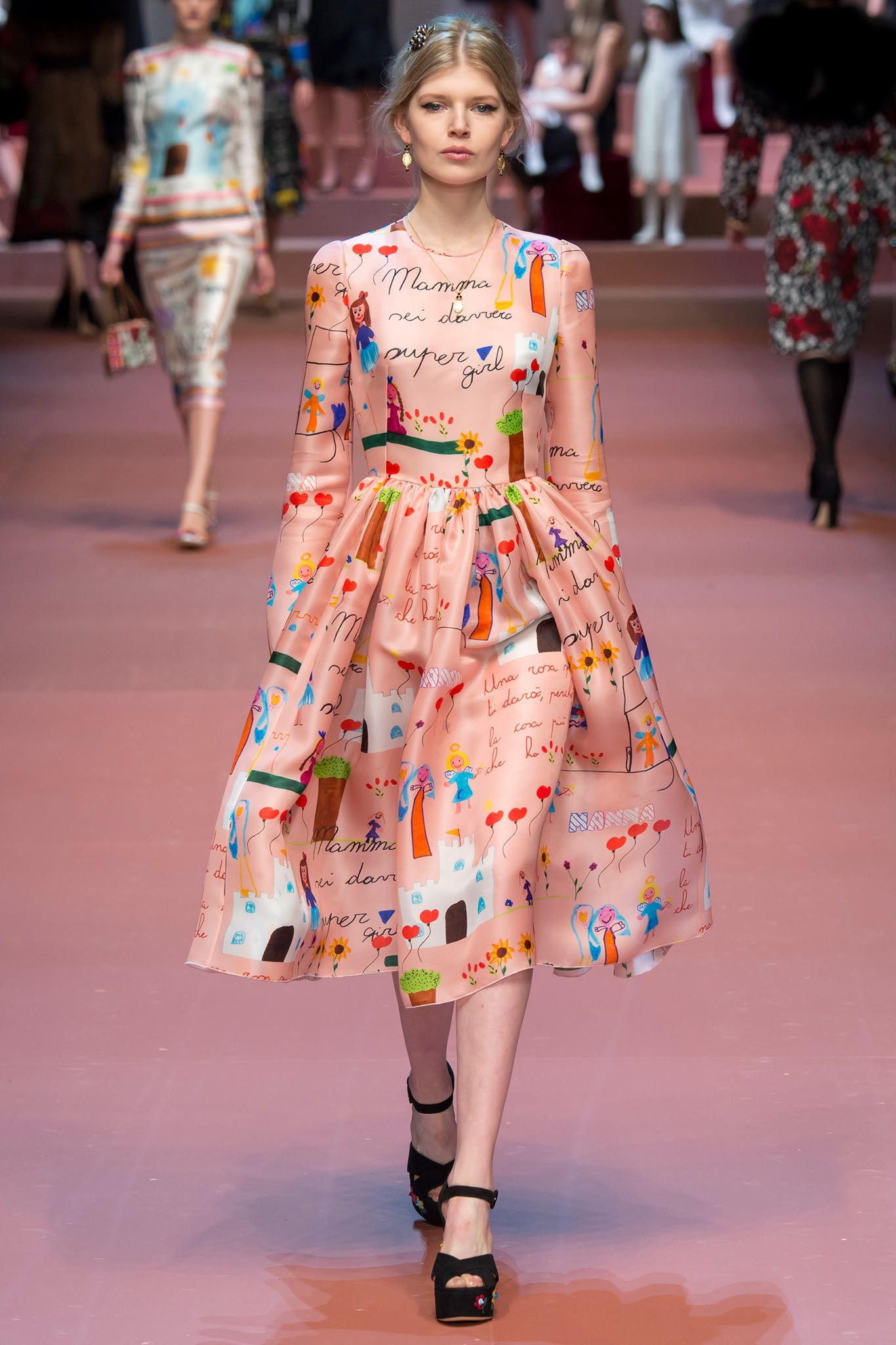 pink silk long-sleeve v-neck fitted printed pleated dress
