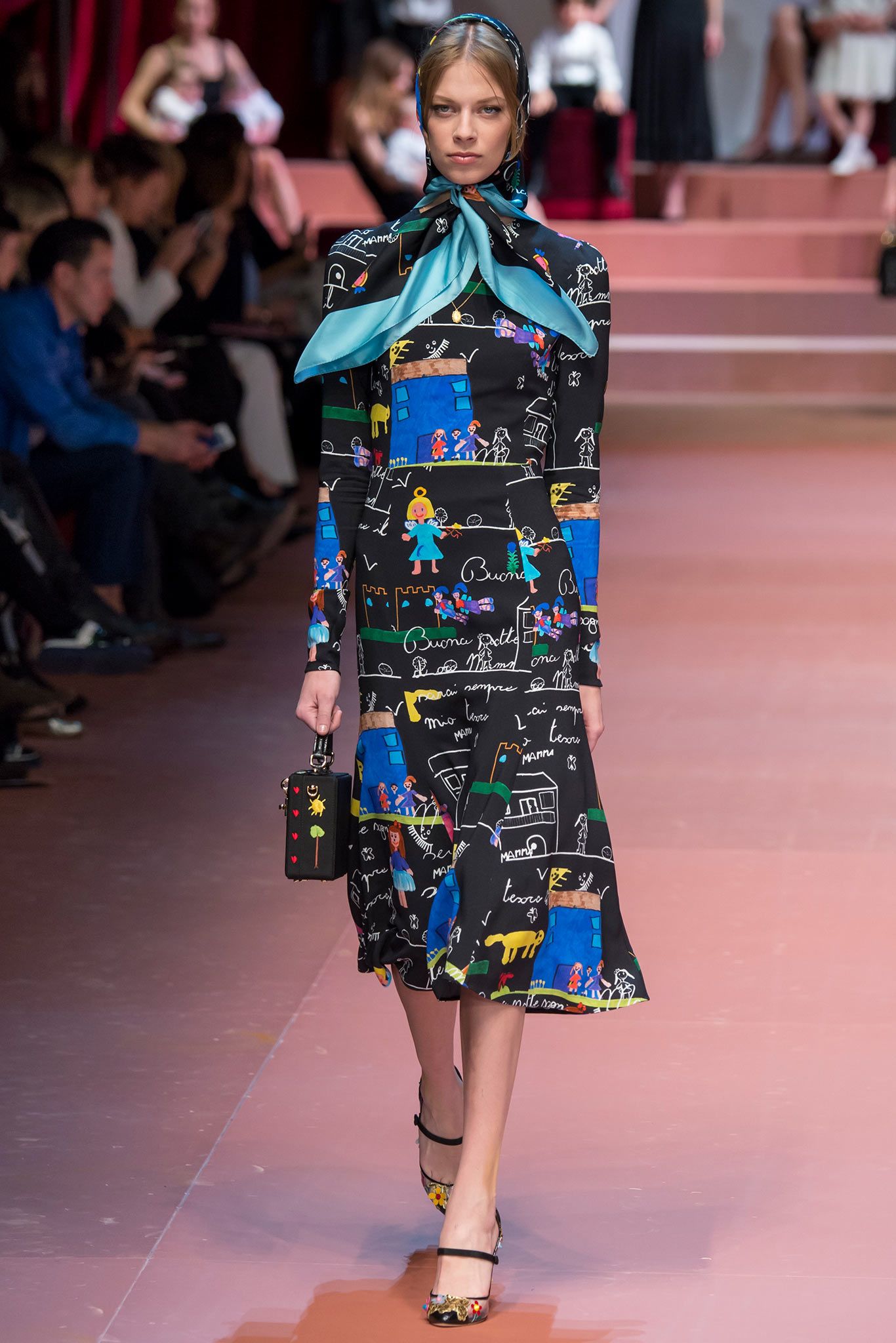 black silk long-sleeve collared fitted printed tiered dress