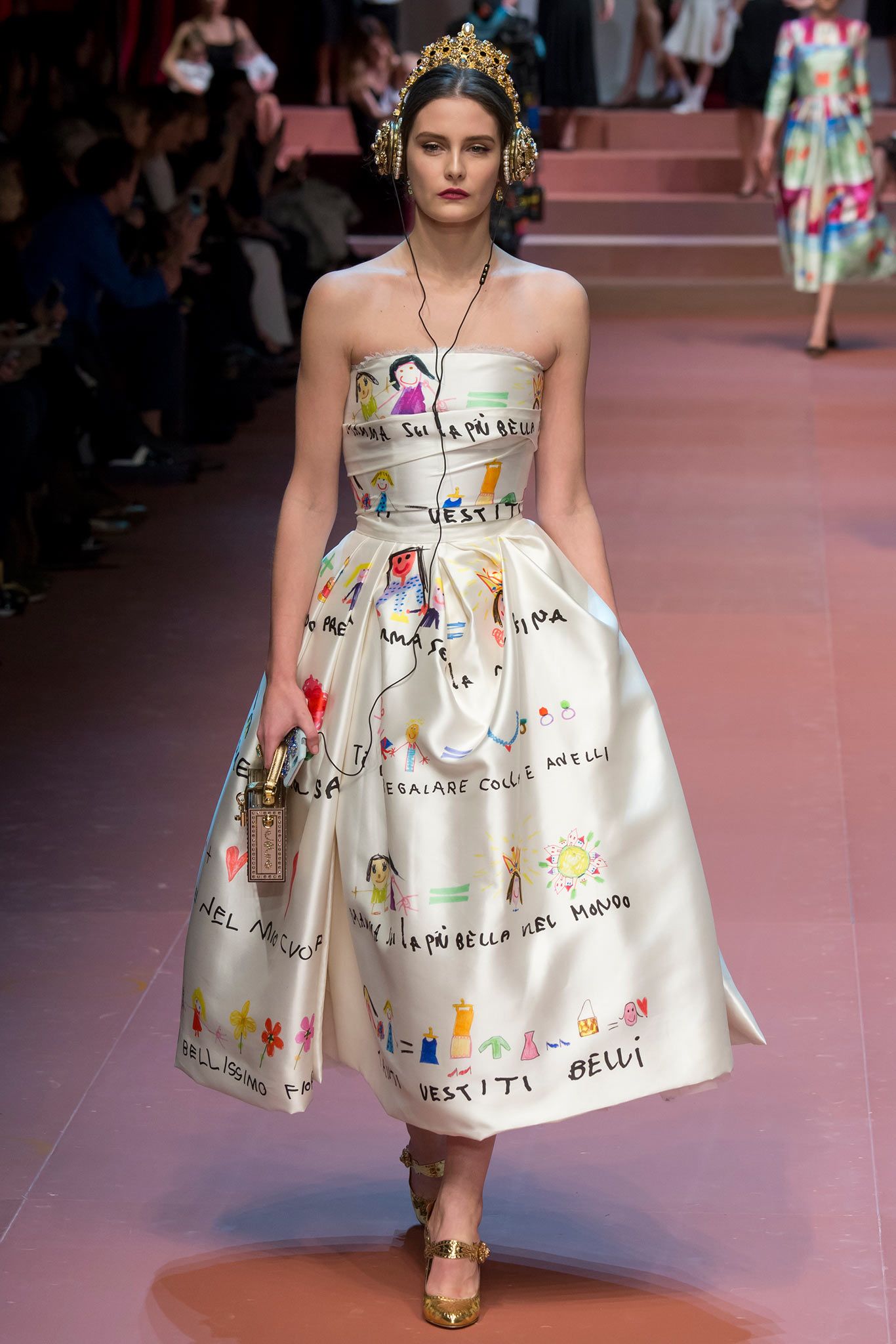 white silk strapless fitted printed maxi gown