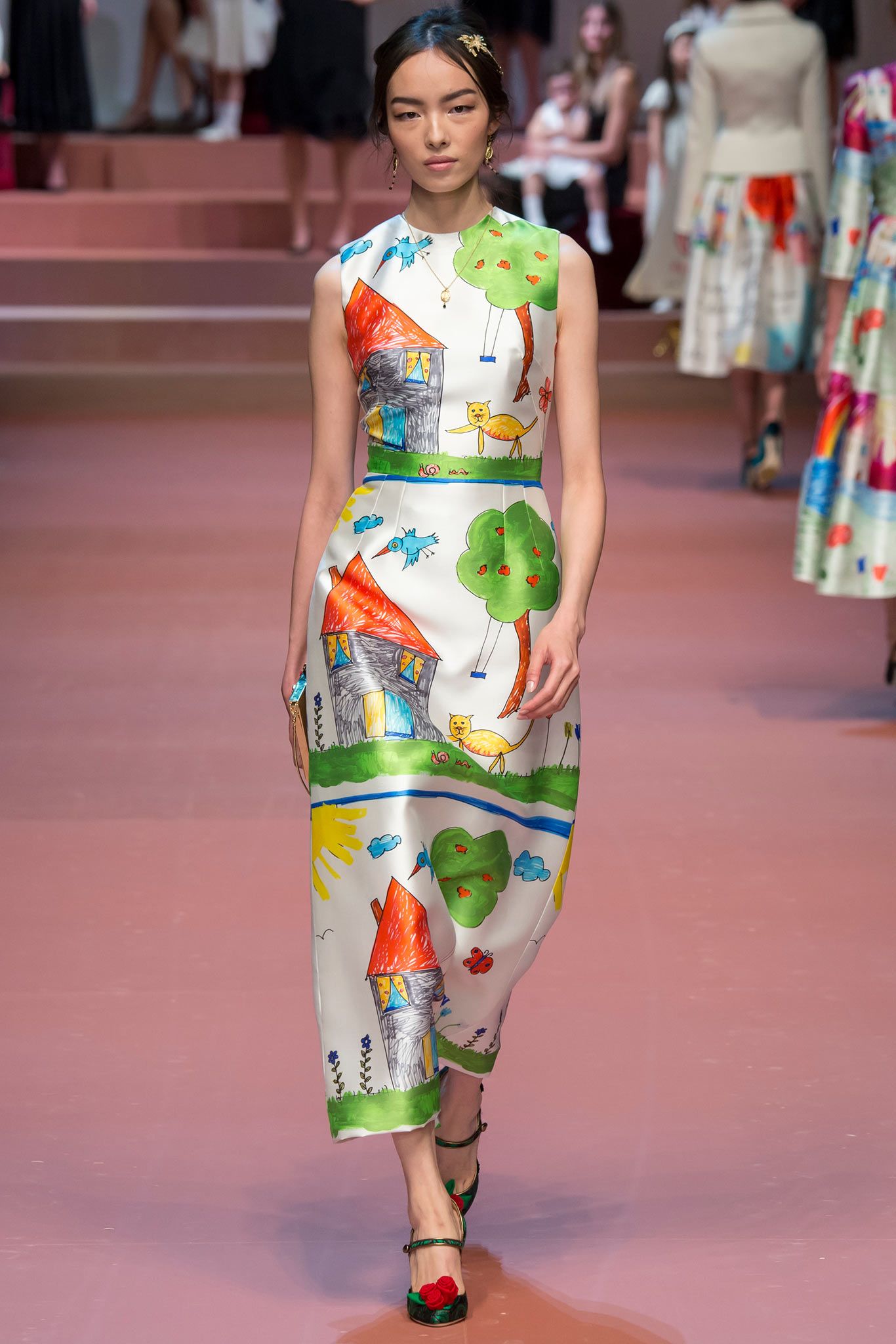 white cotton sleeveless high-neck fitted printed midi dress