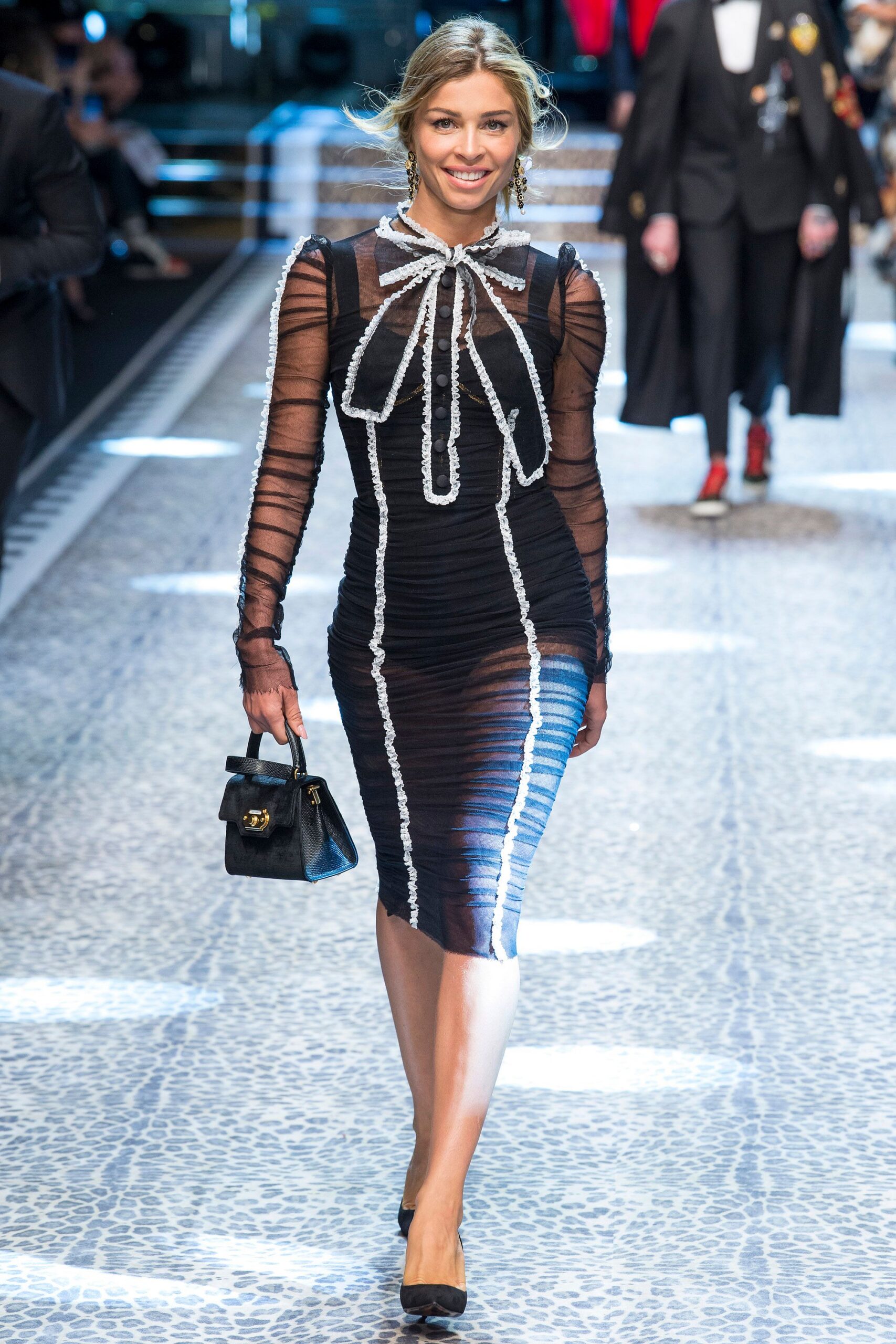 black silk long-sleeve v-neck fitted ruched embellished dress