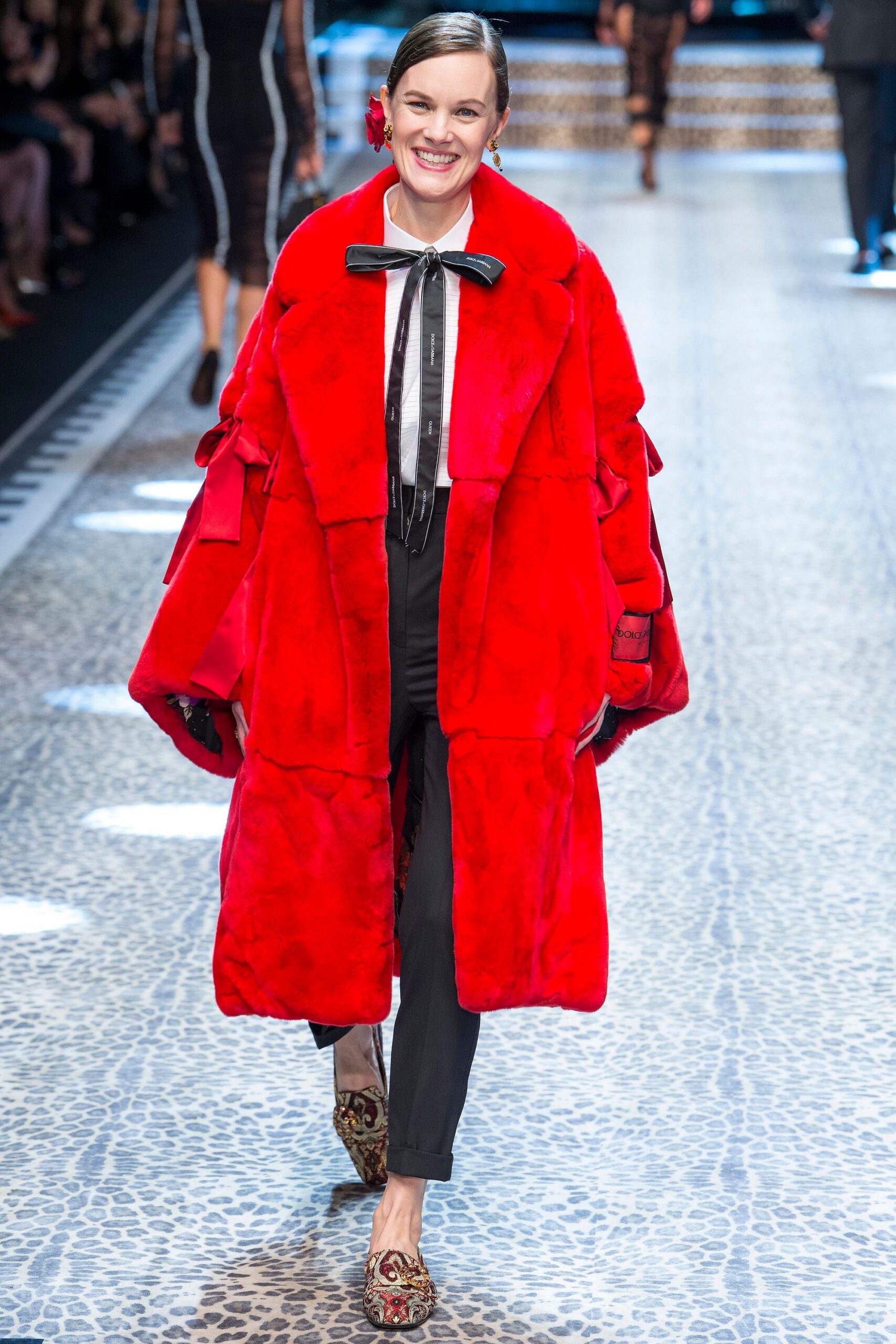 red faux-fur oversized coat