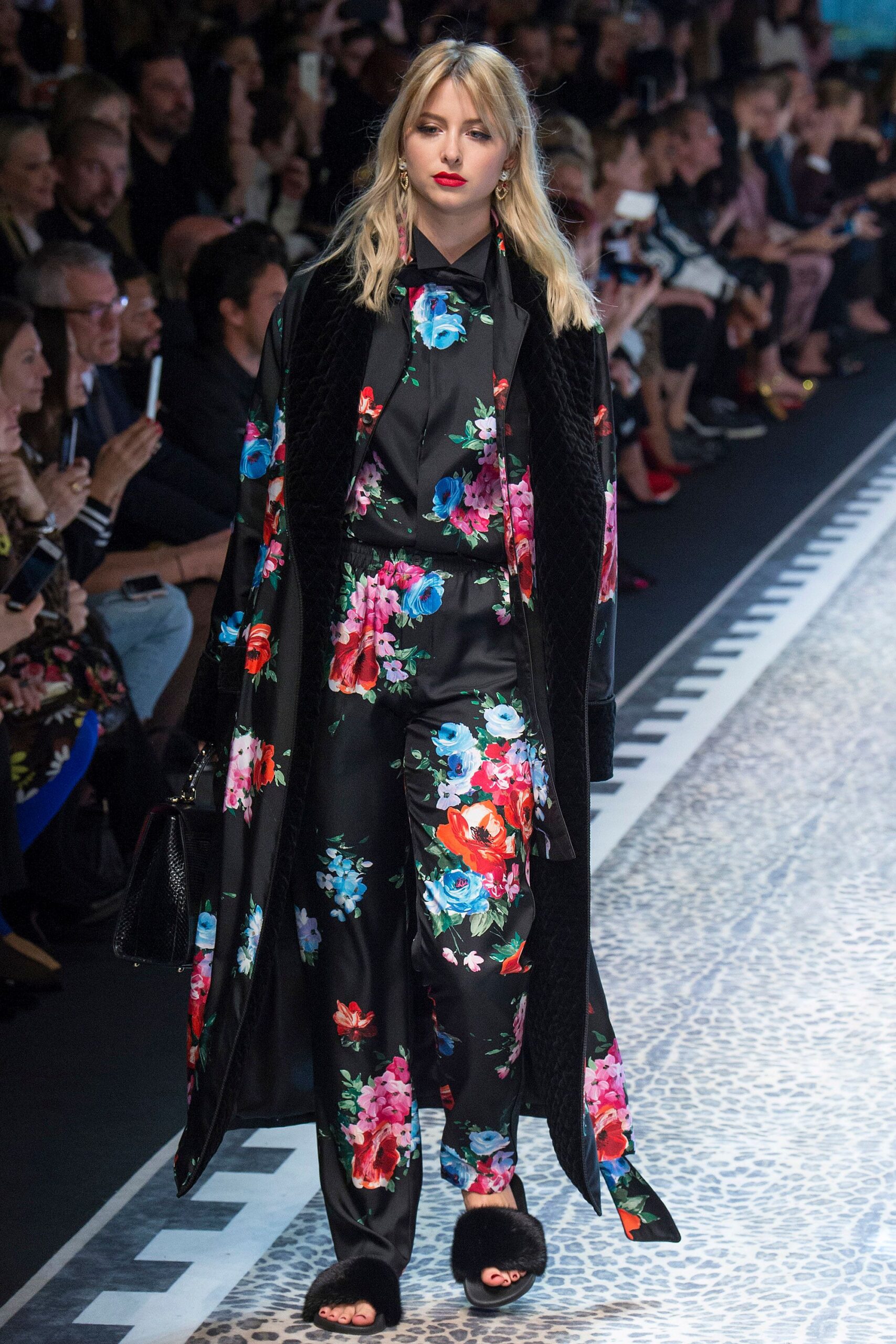 black silk long-sleeve collared fitted floral shirt
