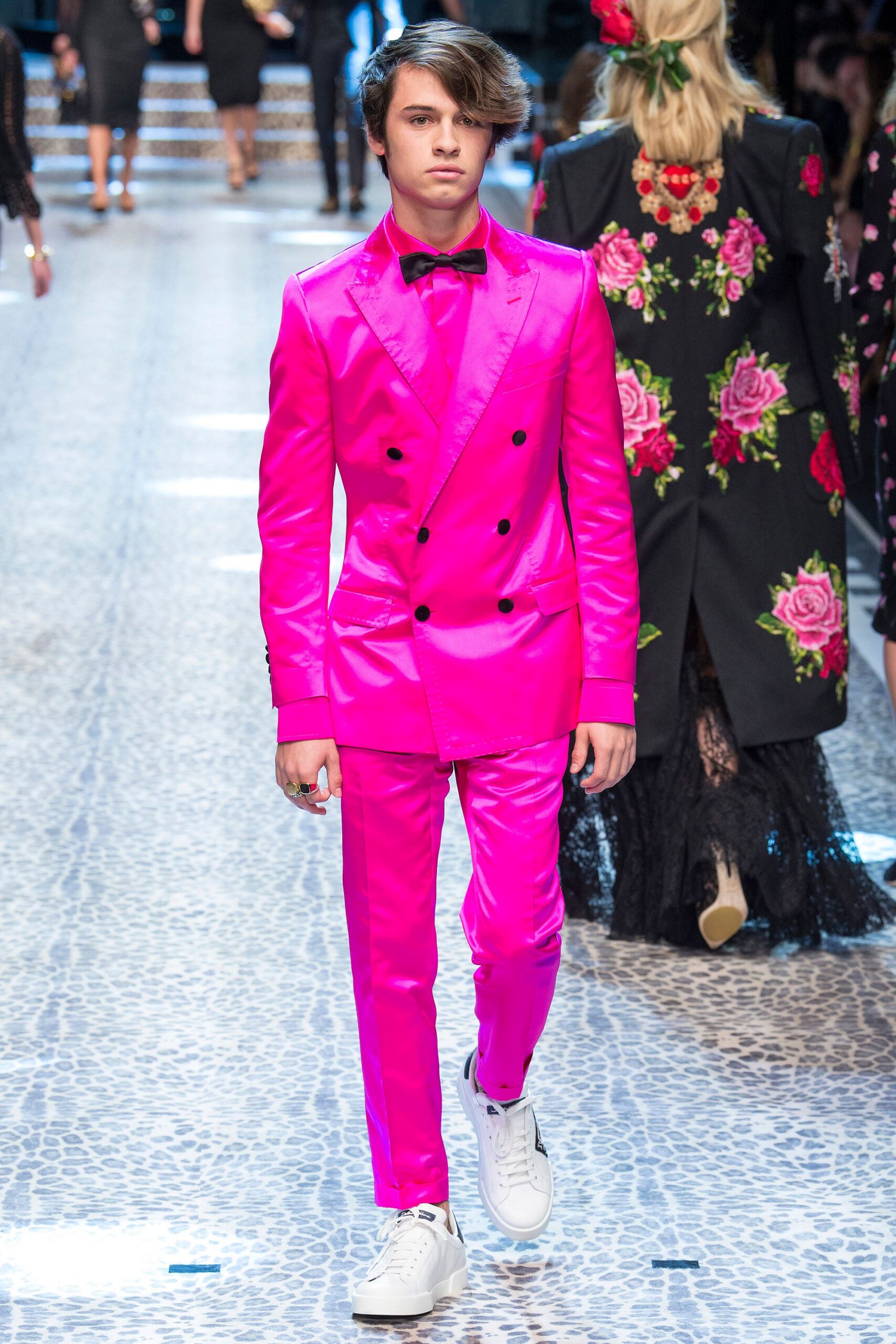 pink satin long-sleeve collared fitted buttoned shiny suit
