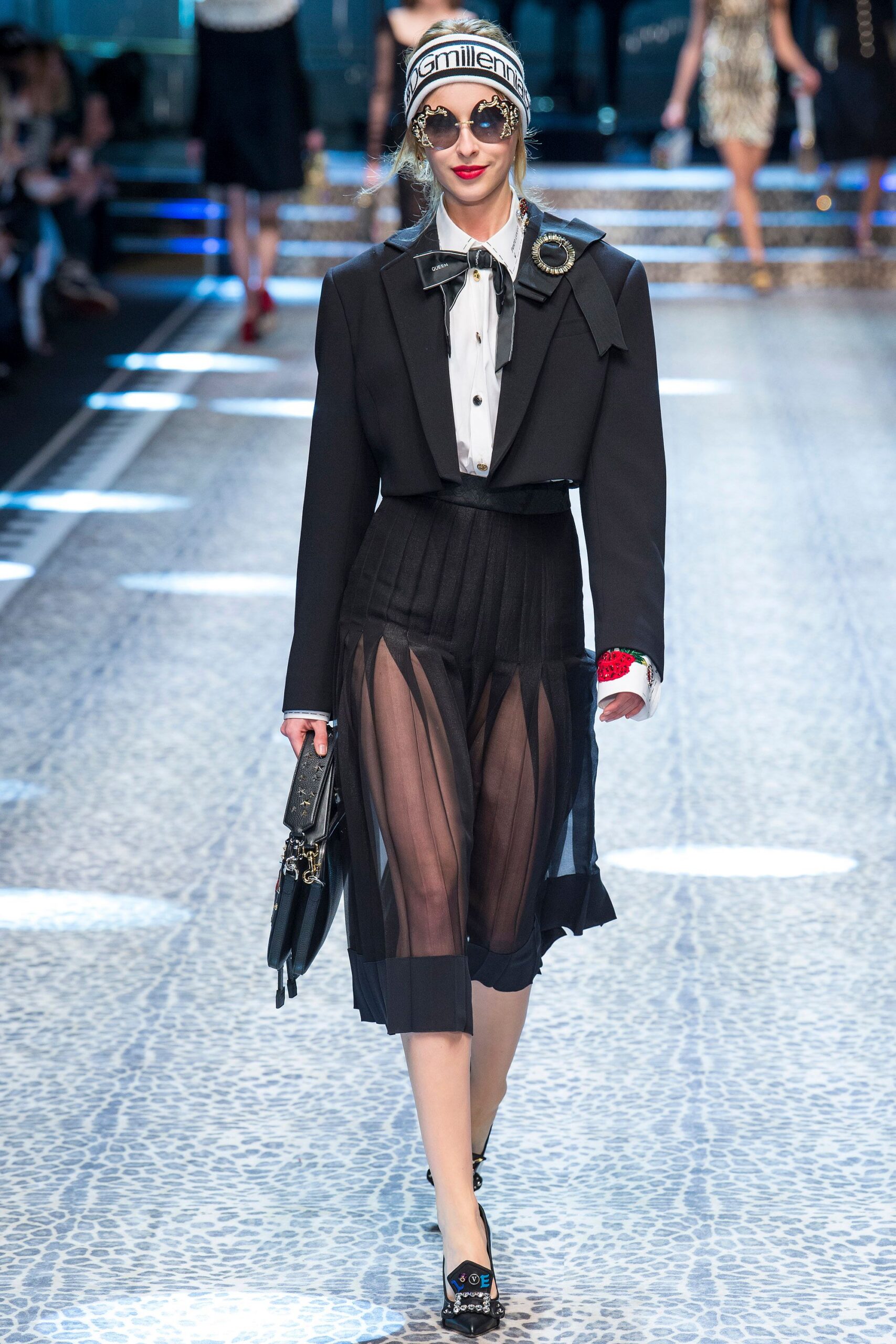 black fitted high-waisted pleated sheer skirt