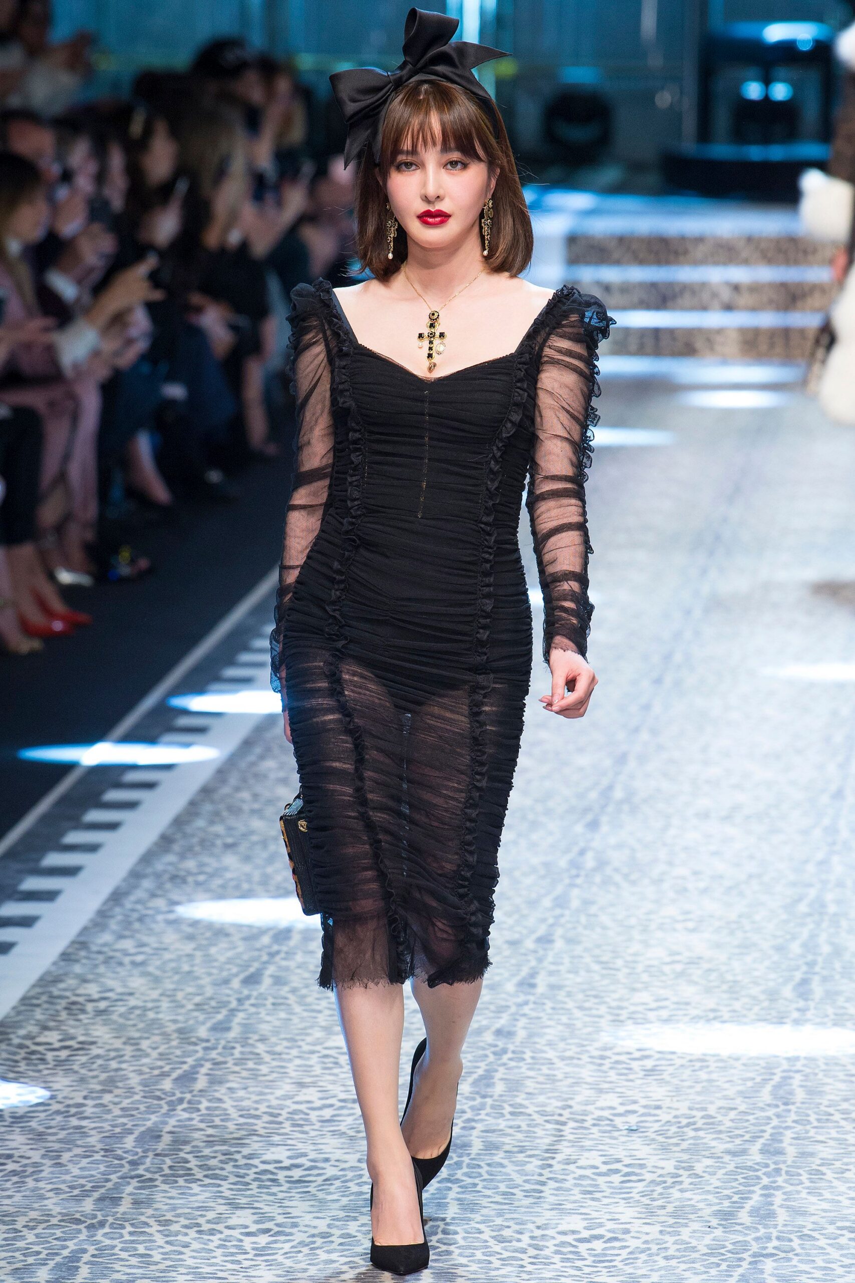black lace long-sleeve v-neck fitted ruched sheer dress