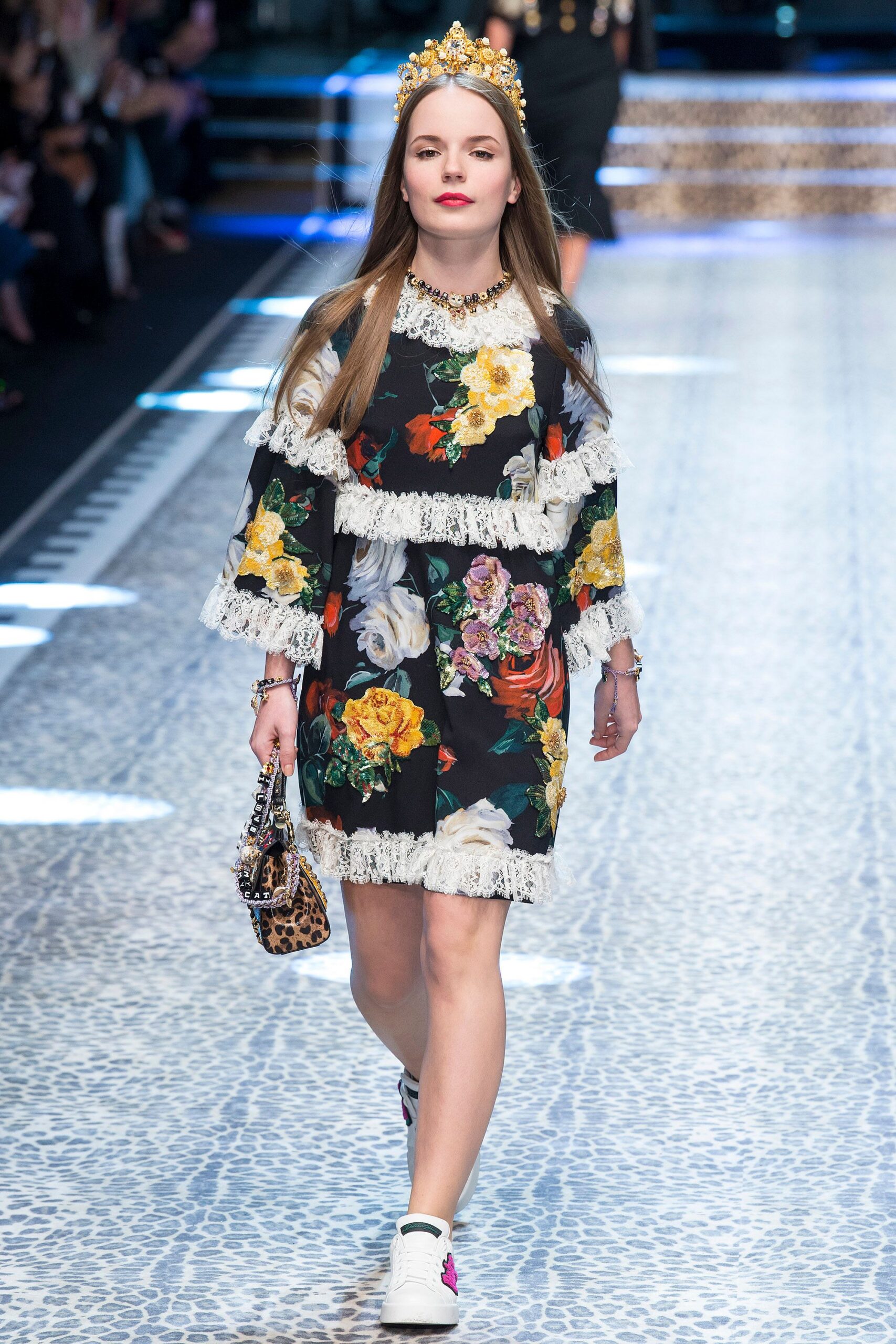 black cotton long-sleeve off-shoulder fitted floral ruffled dress