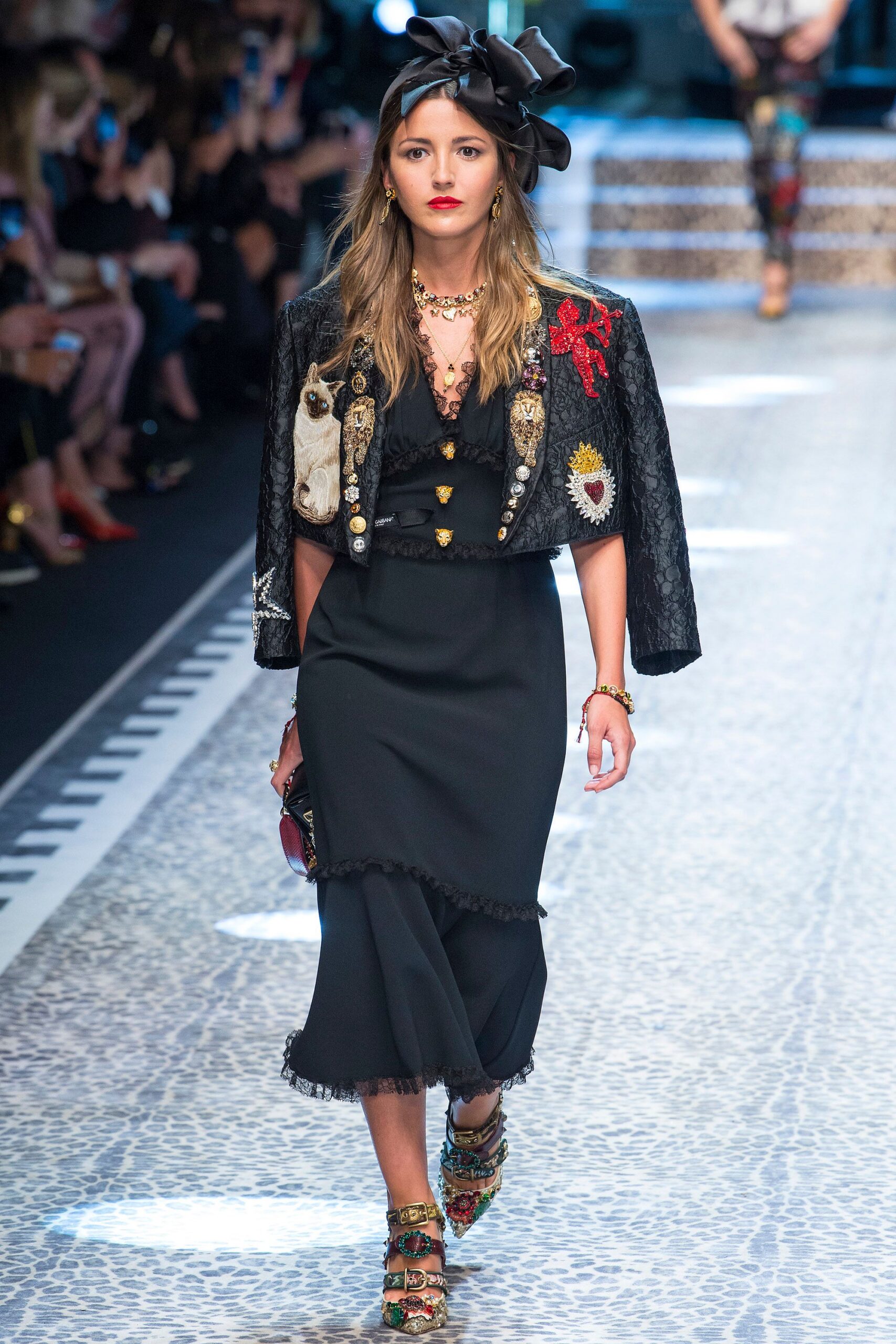 black silk short-sleeve structured embroidered jacket