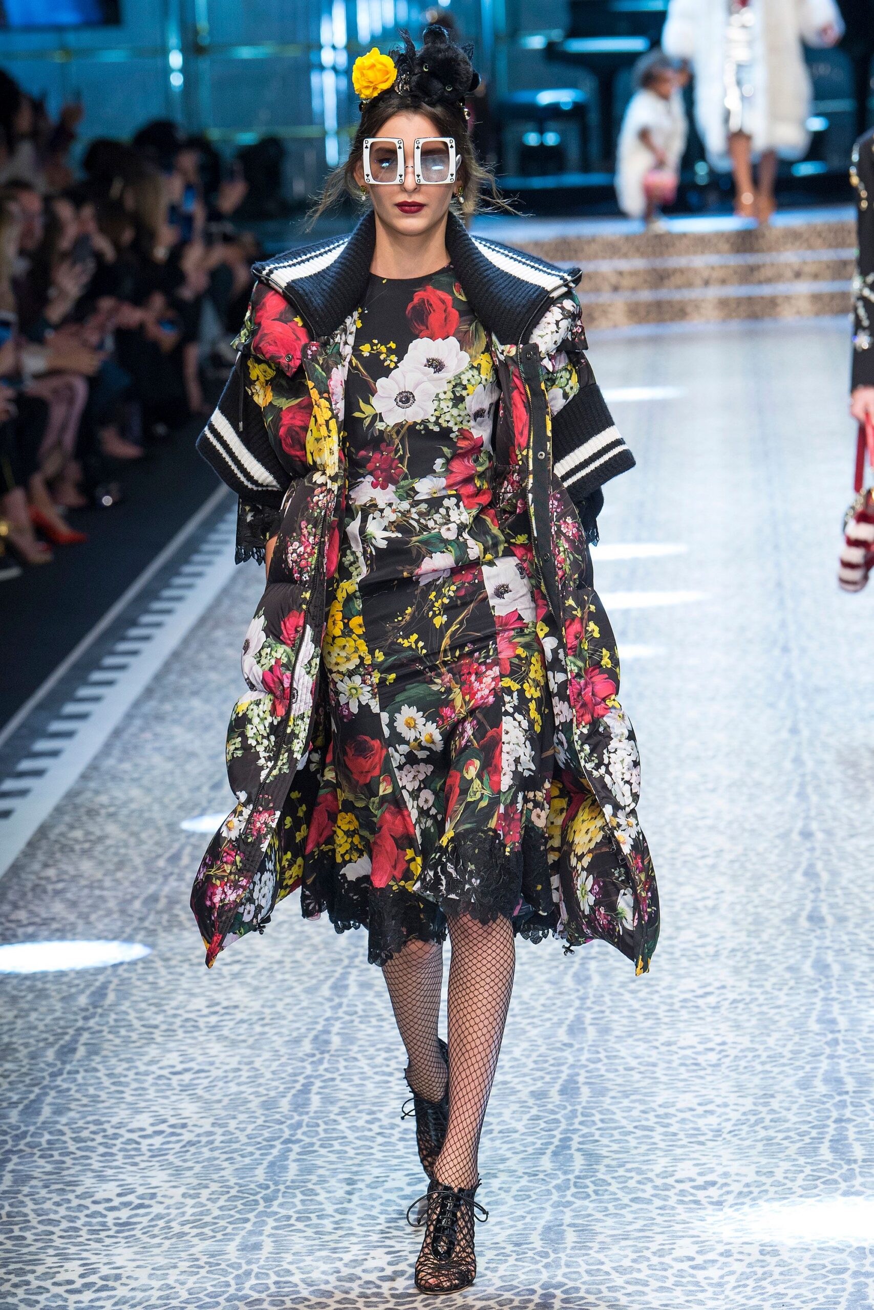 black long-sleeve oversized floral layered coat