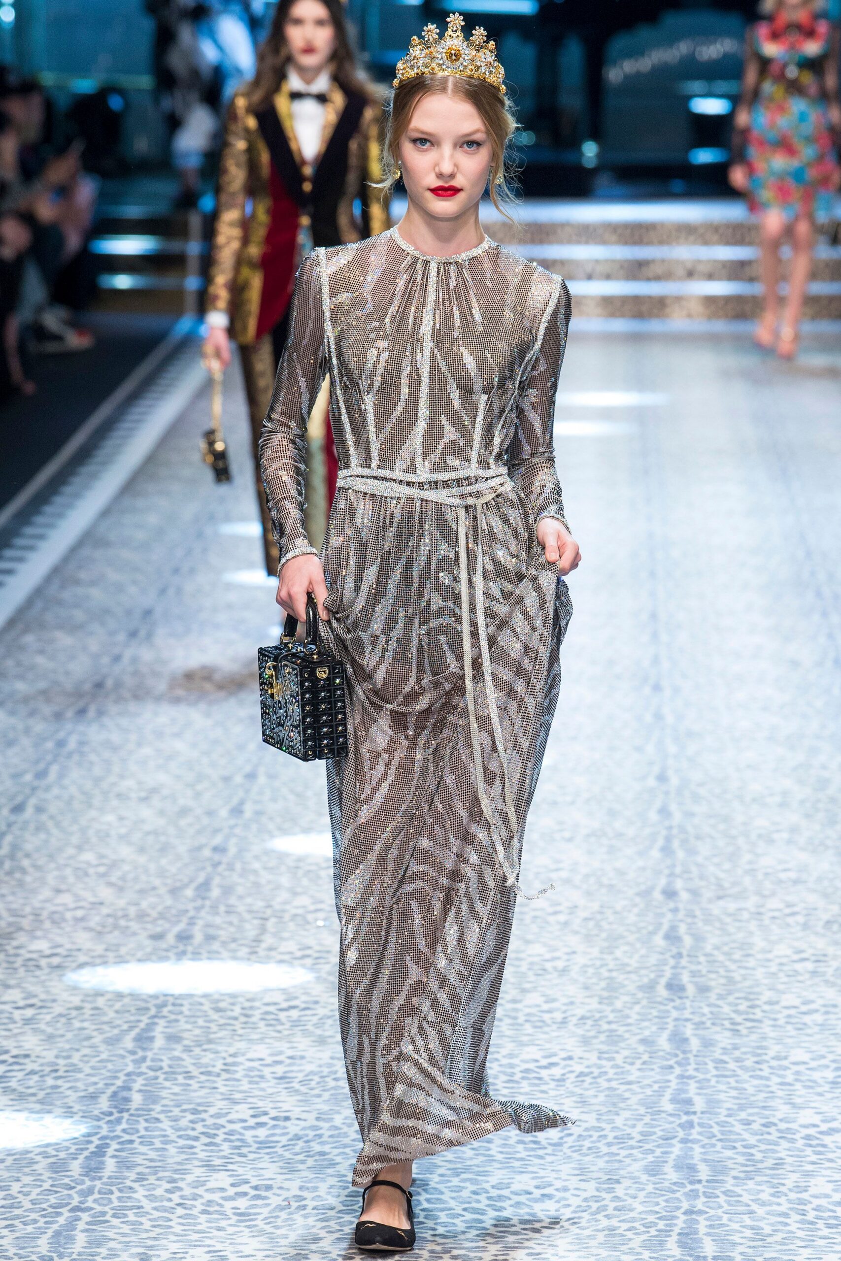 gray silk long-sleeve v-neck fitted embroidered draped gown