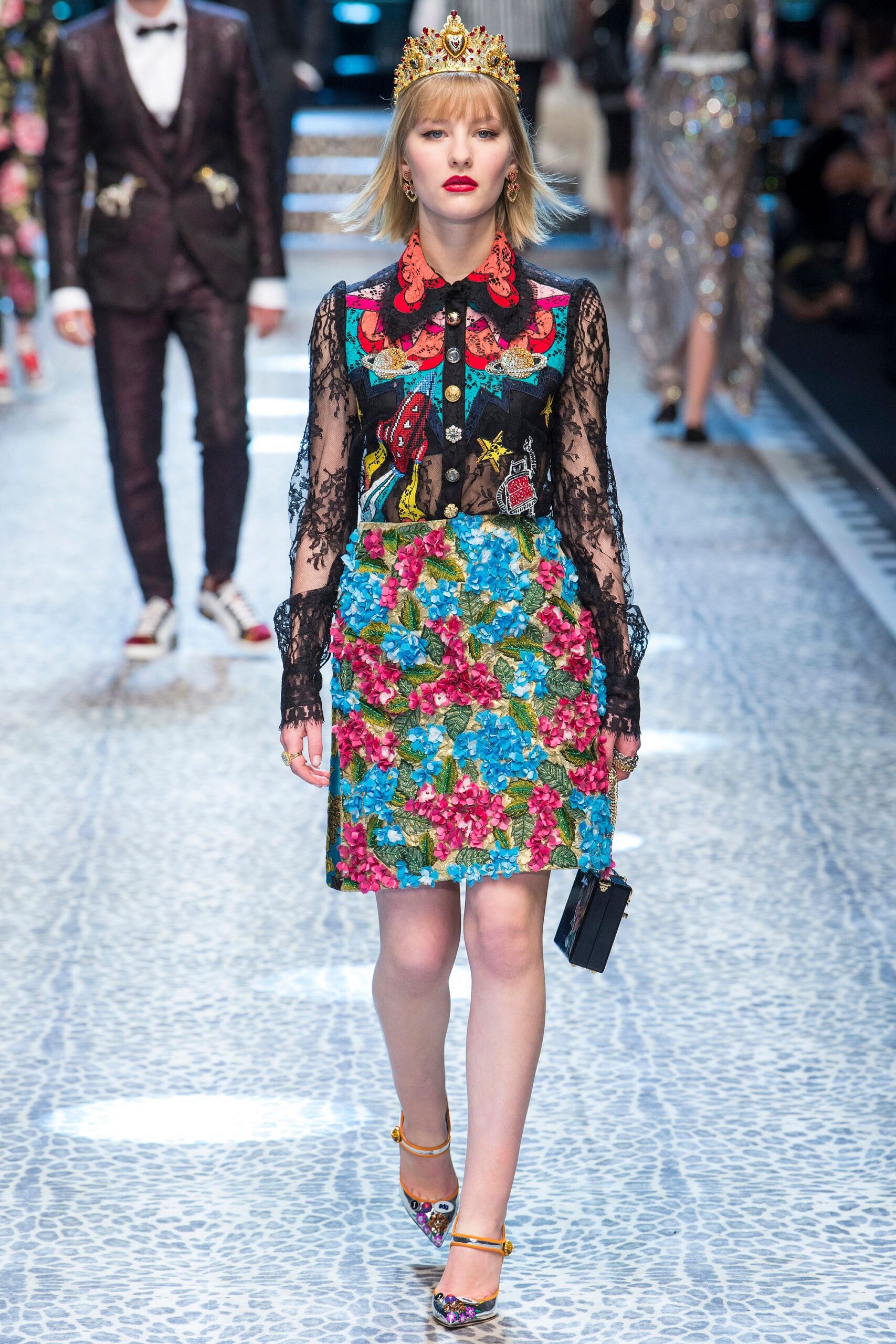 blue cotton long-sleeve collared fitted floral embroidered dress