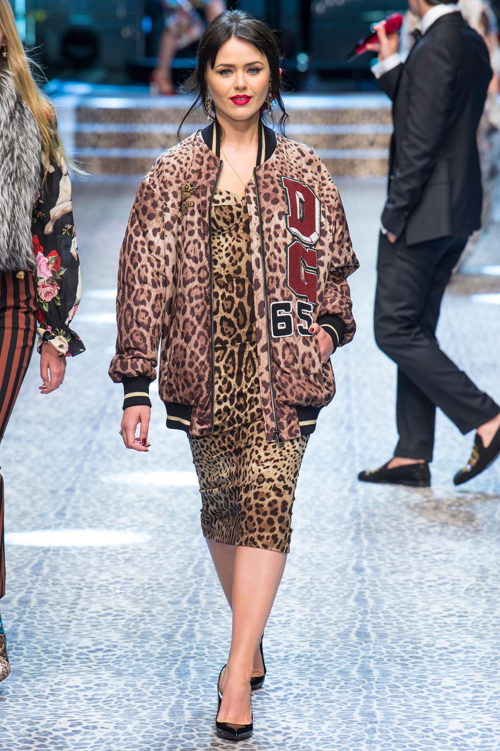 animal-print midi dress with oversized jacket