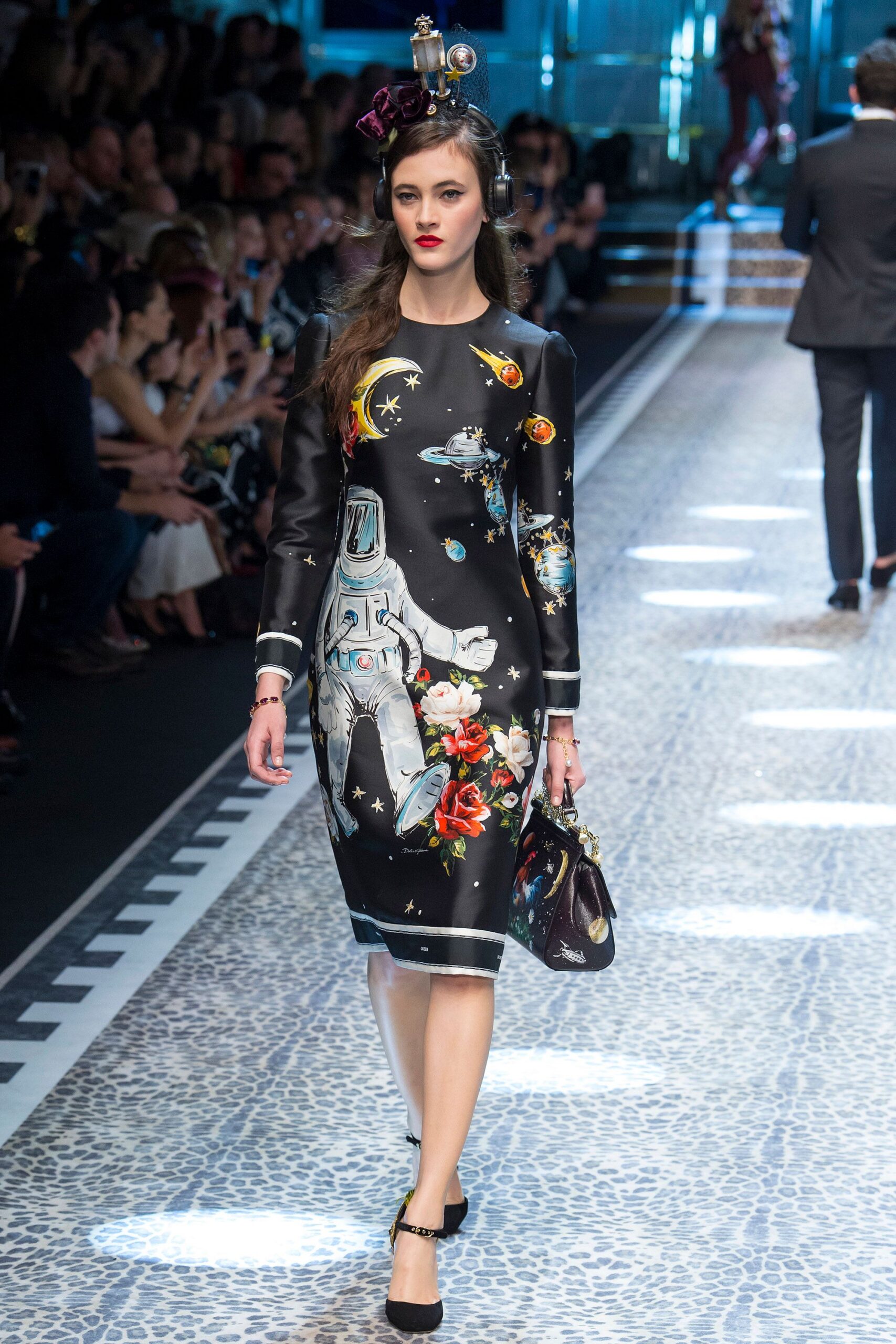 black silk long-sleeve collared fitted printed midi dress