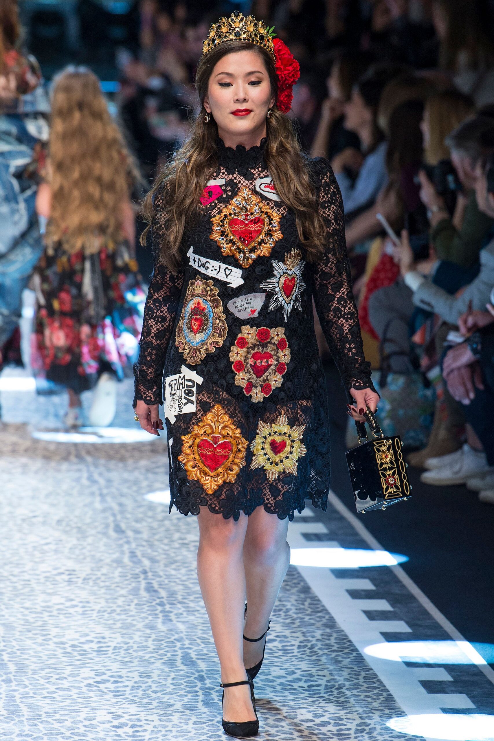 black lace long-sleeve collared fitted embroidered layered dress