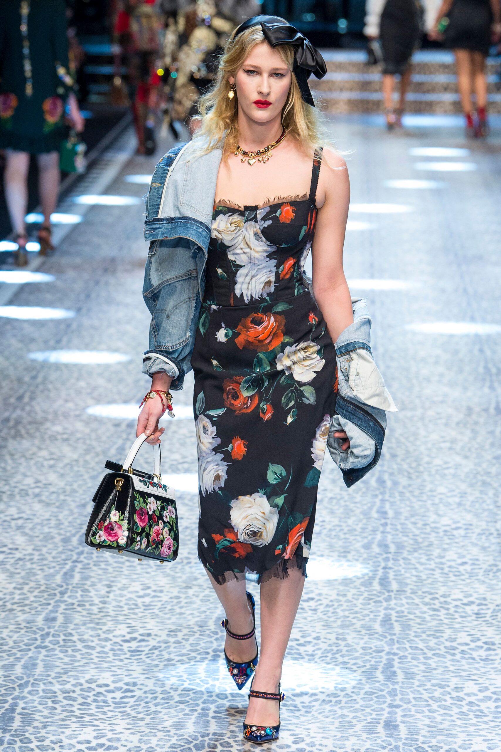 black leather floral bag
