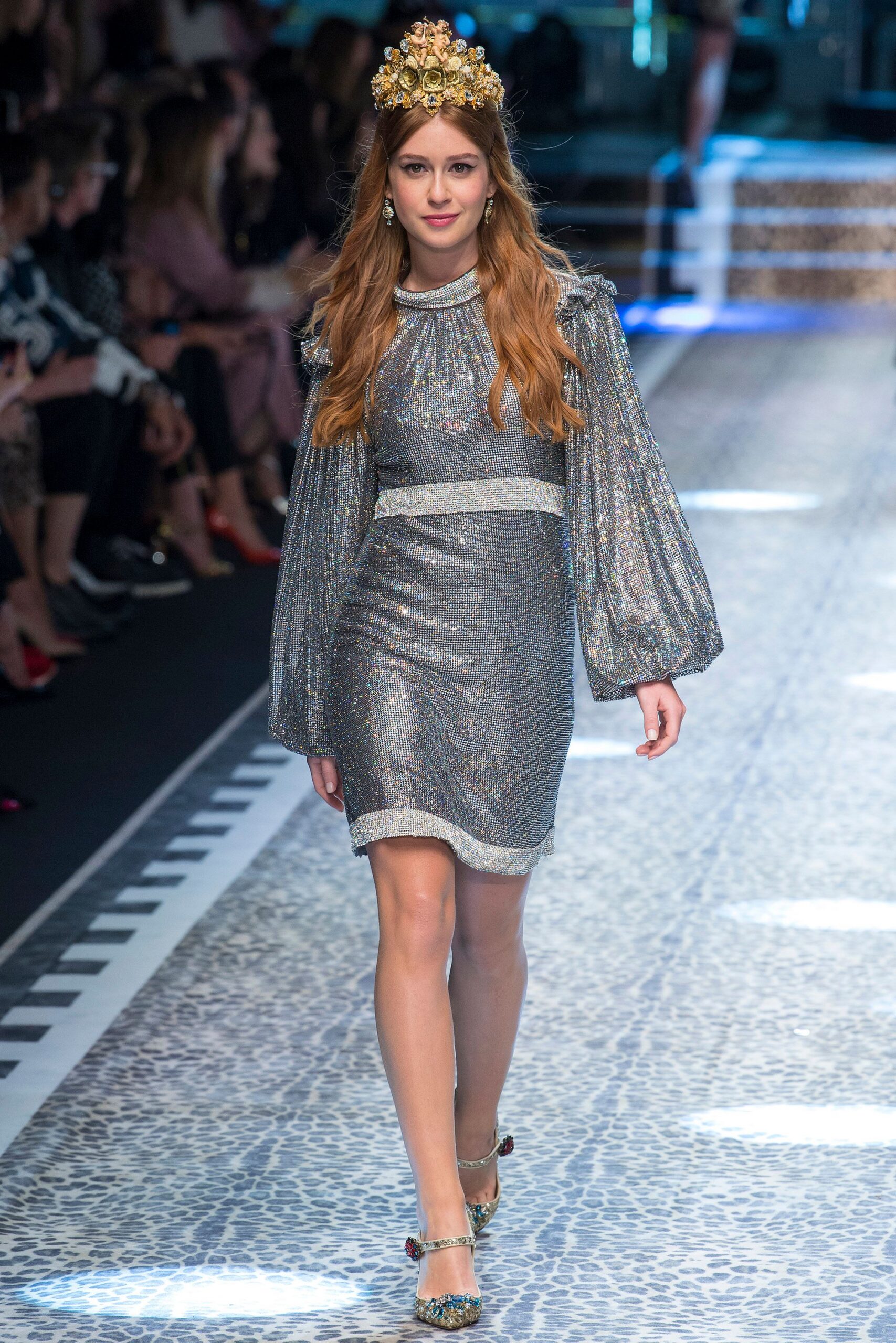 gray metallic long-sleeve high-neck fitted ruffled embellished dress