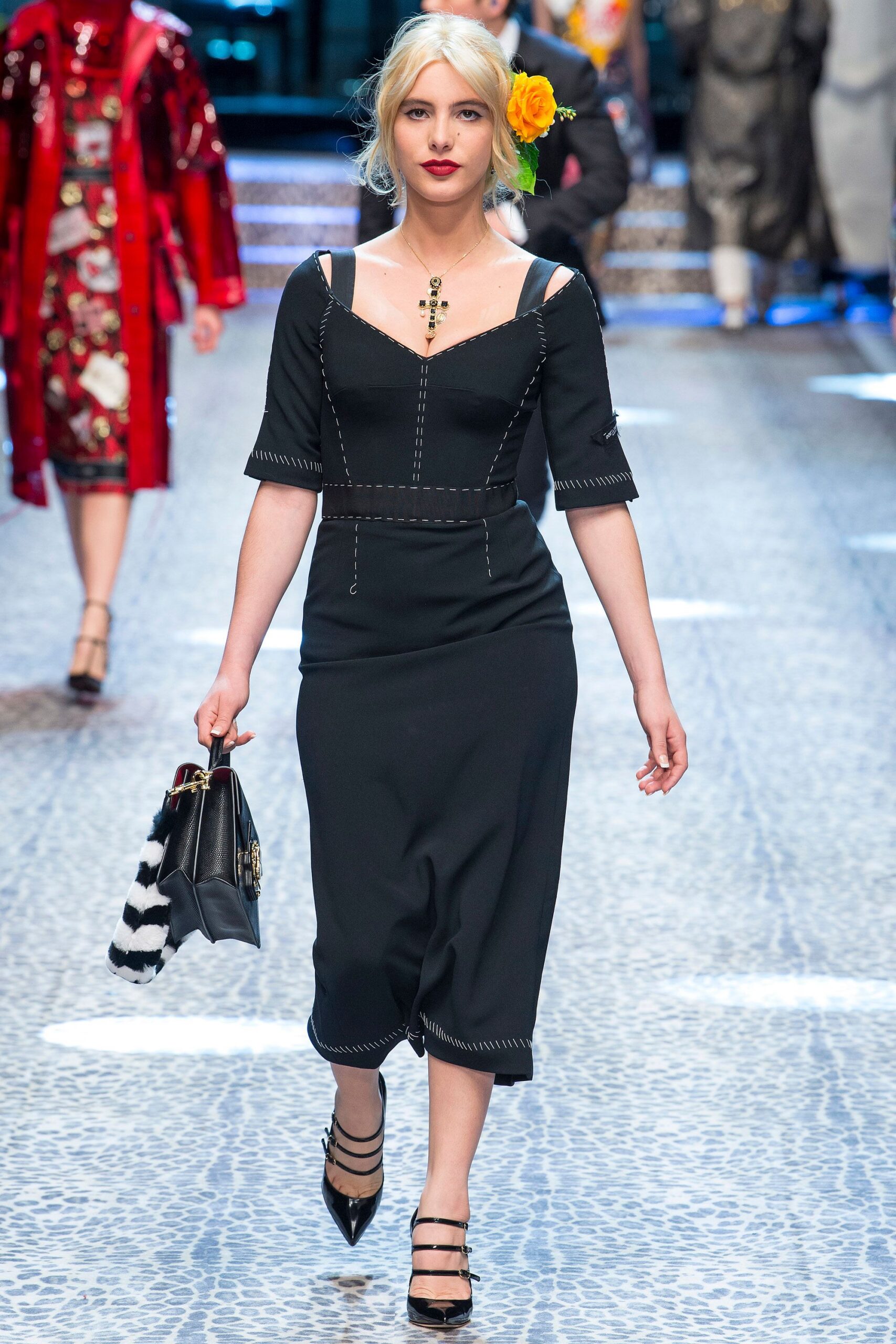 black cotton short-sleeve v-neck fitted pencil midi dress