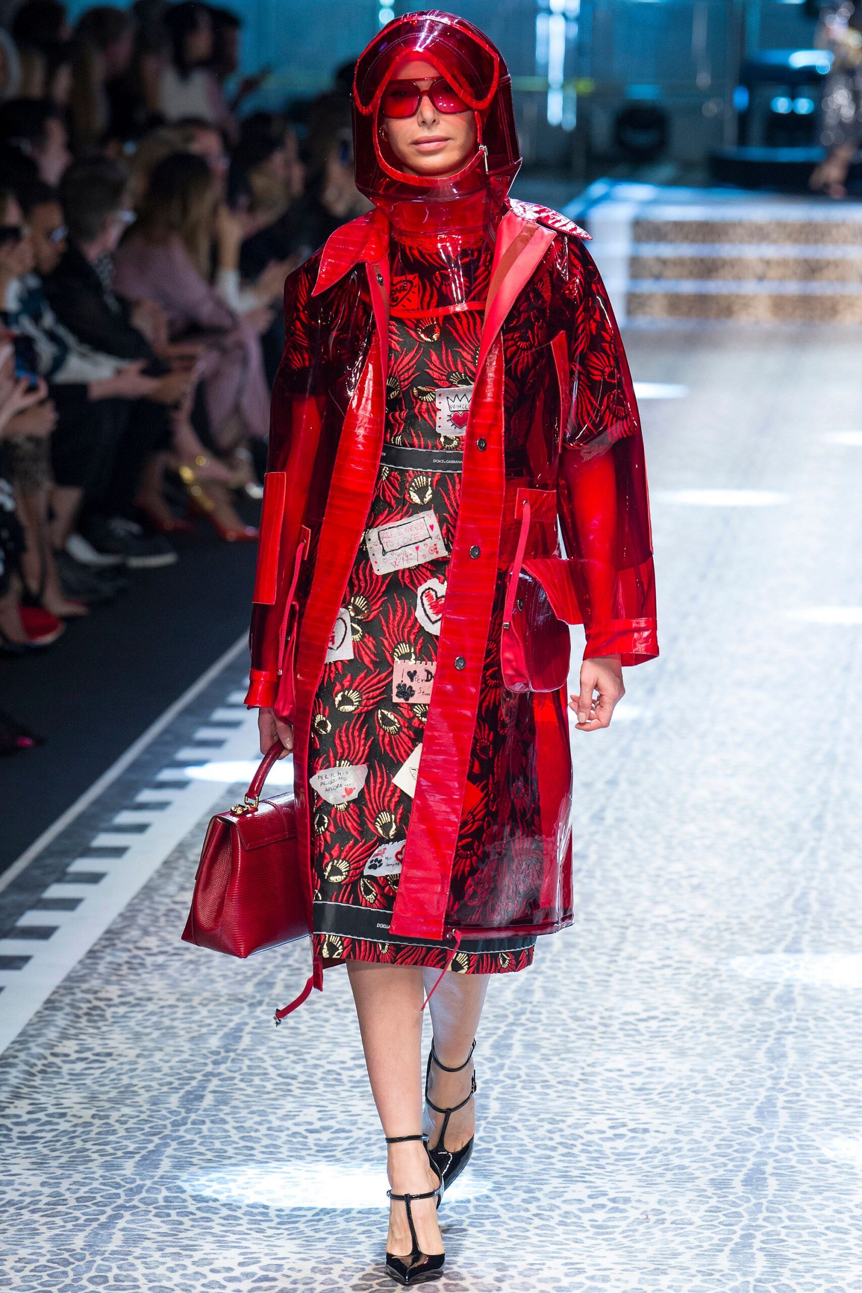 red vinyl long-sleeve collared relaxed zippered coat