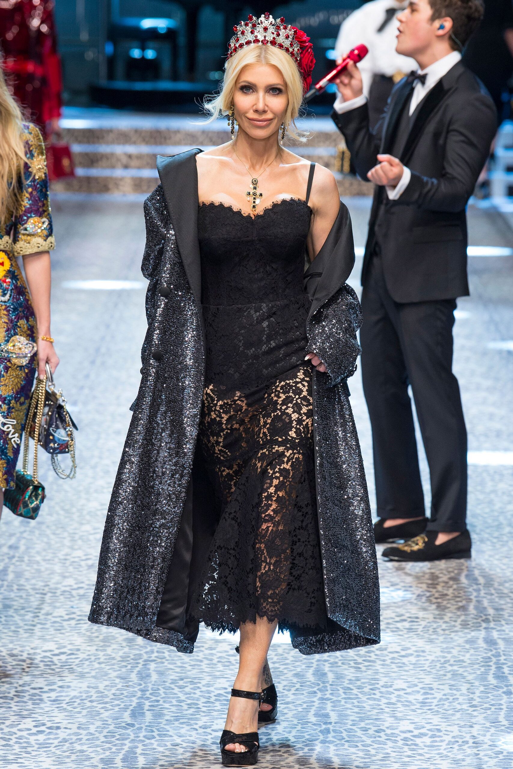 black lace midi dress with coat
